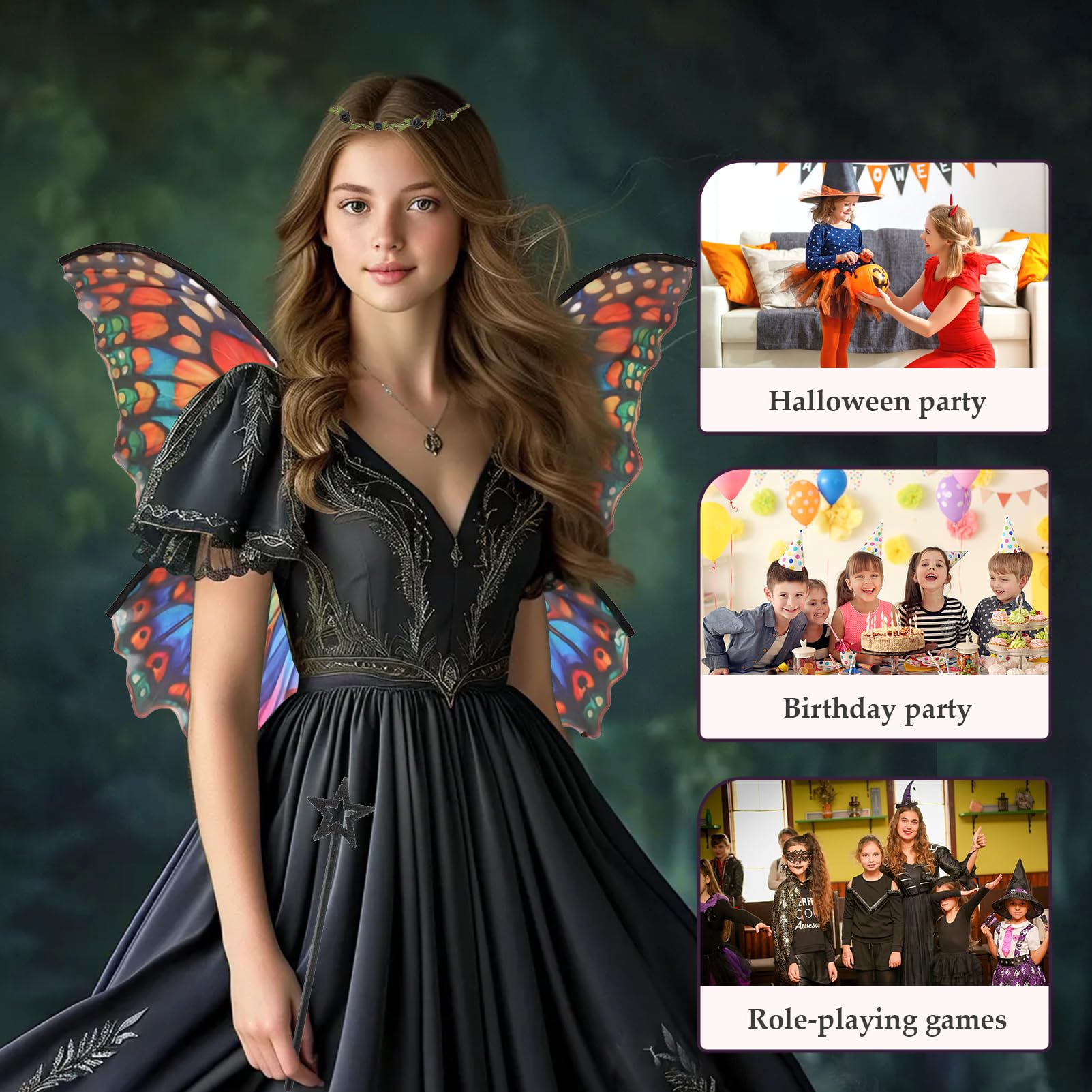 Snylcce Fairy Wings for Adults Fairy Costume Set including Floral Garland, Hair Tinsel, Wand & Elf Ears Butterfly Wings - Image 3