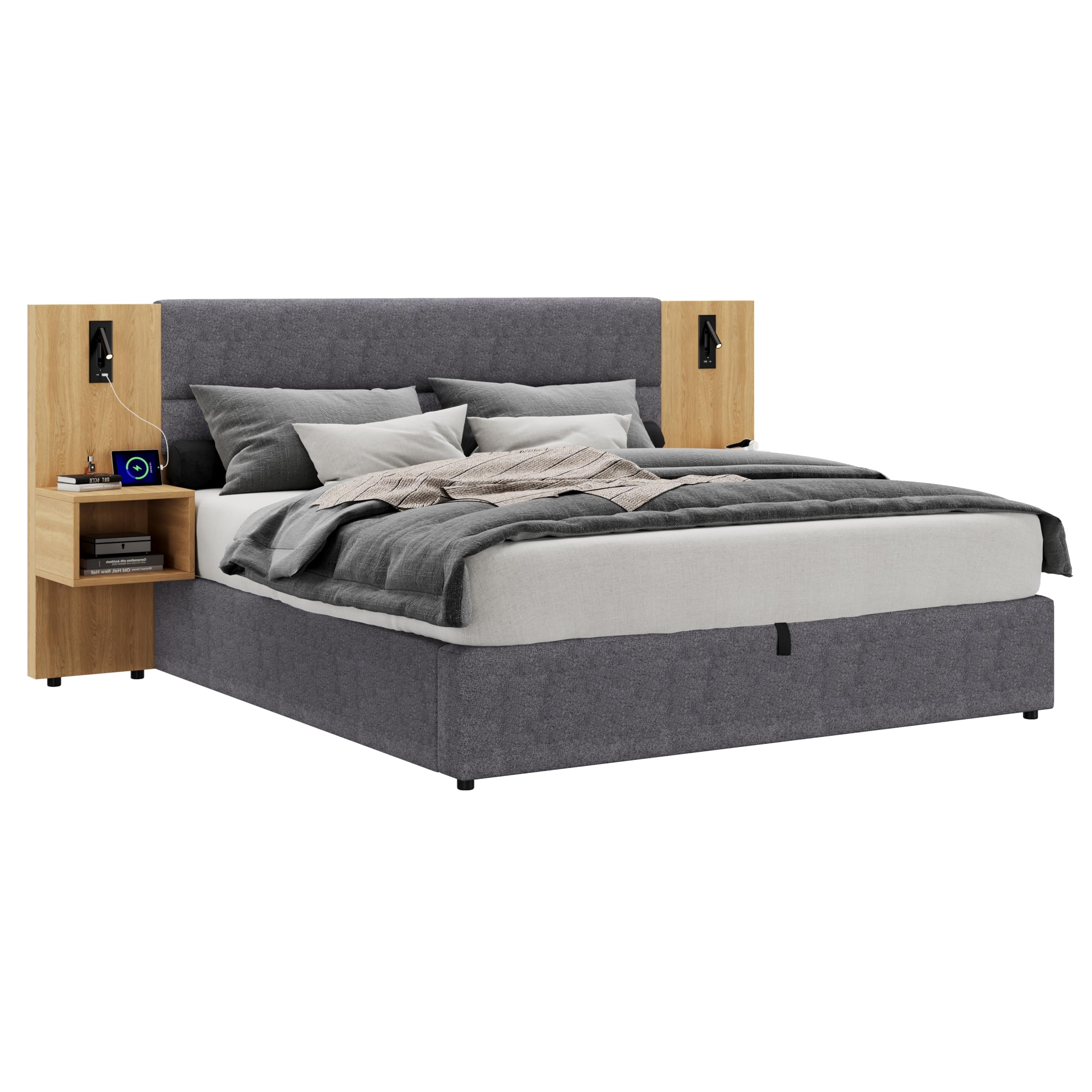 Letto imbottito 160 x 200 cm, idraulico, con connettore USB, illuminazione con due comodini con spazio di archiviazione, rete a doghe in legno, facile da montare, velluto grigio + naturale