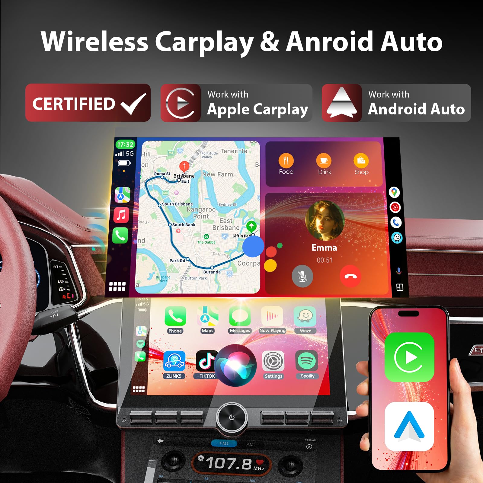 Haudio Dab Radio Coche 1 DIN con CarPlay Inalámbrico y Android Auto,Pantalla Táctil de 10.1 Pulgadas,soporta Manos Libres/FM|Am/Dab/AUX con 1080P Cámara de Respaldo