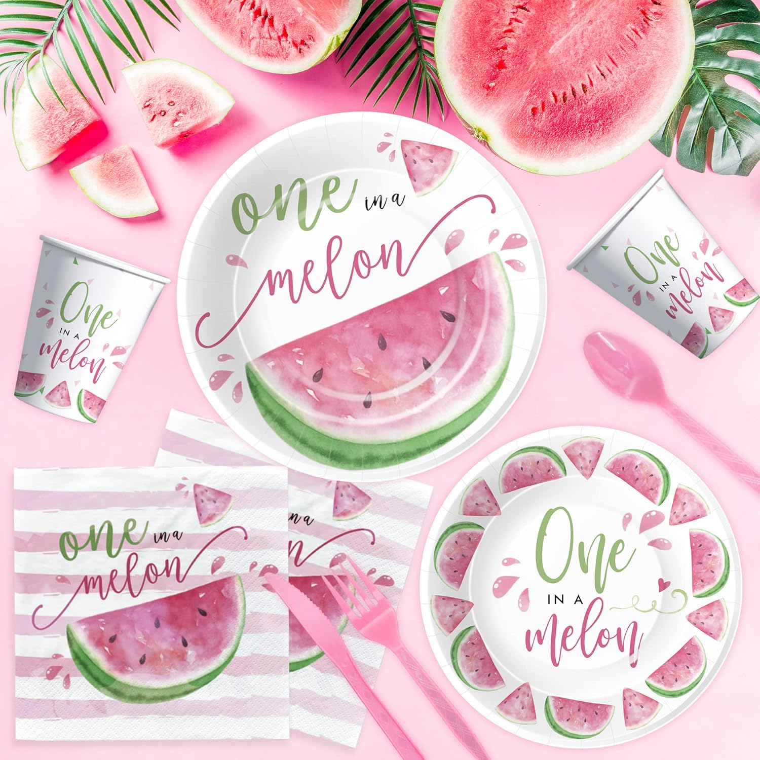 APOWBLS One In A Melon Party Decorations Dinnerware - Watermelon Party Supplies For 1st Birthday, Plates, Cups, Napkins, Tablecloth, Cutlery, Straws, Watermelon First Birthday Decorations | Serve 24