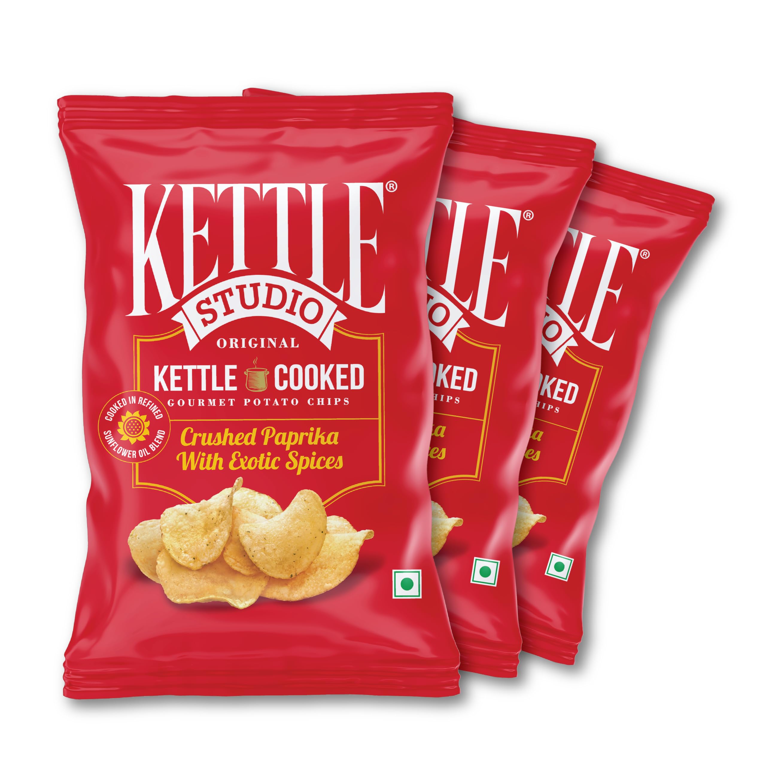 Kettle Studio Kettle-Cooked Potato Chips Crushed Paprika with Exotic Spices | Crunchy, Thick Cut, Gluten-Free Snack | Spicy Potato Chips | Party Snack | 120g Pack of 3
