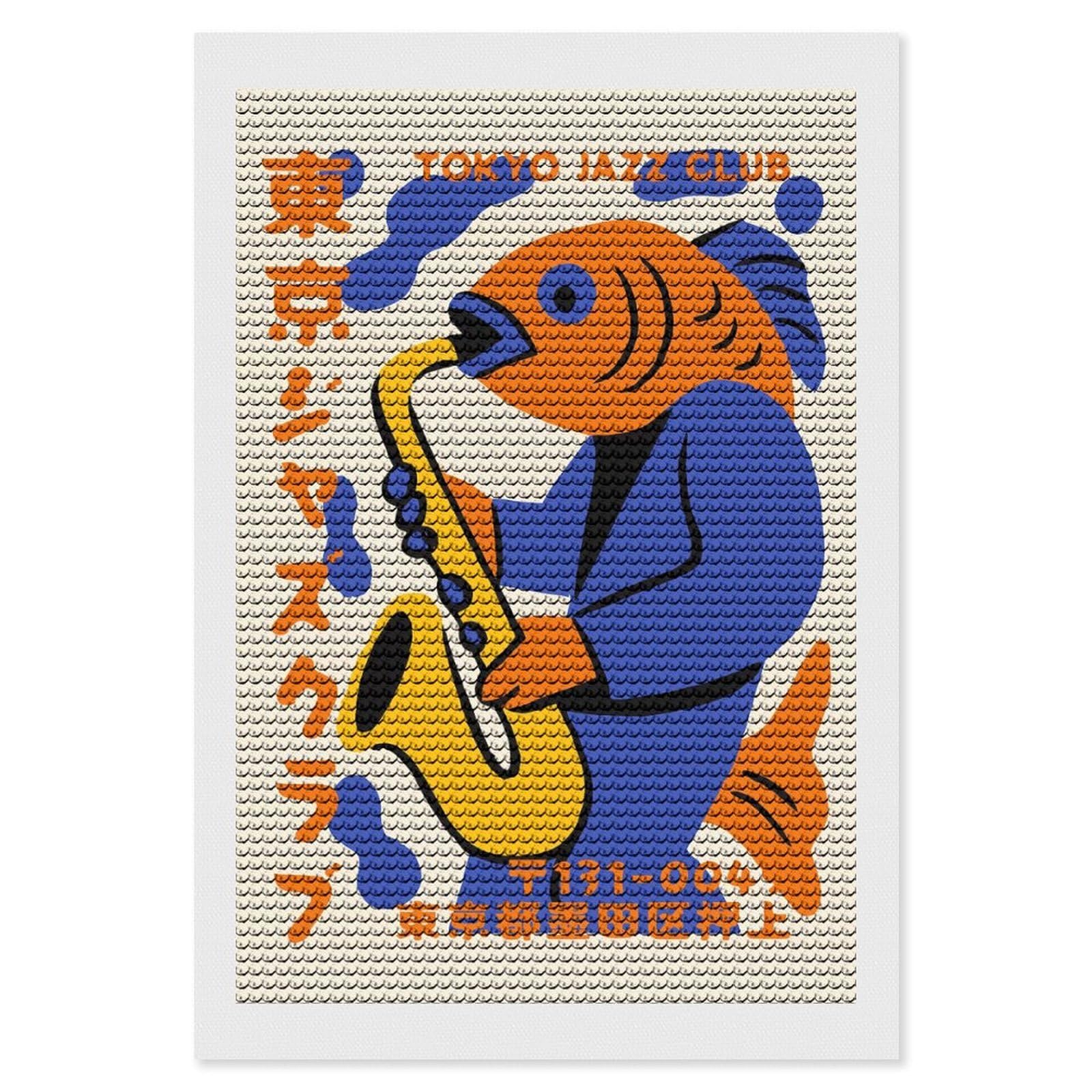 Junmoney Tokyo Jazz Club Fish Saxophone Diamond Art Kit 8"x12", Modern Decor, Farmhouse Decor, Home Wall Art, Festive Craft Gift, Handmade Wall Decor