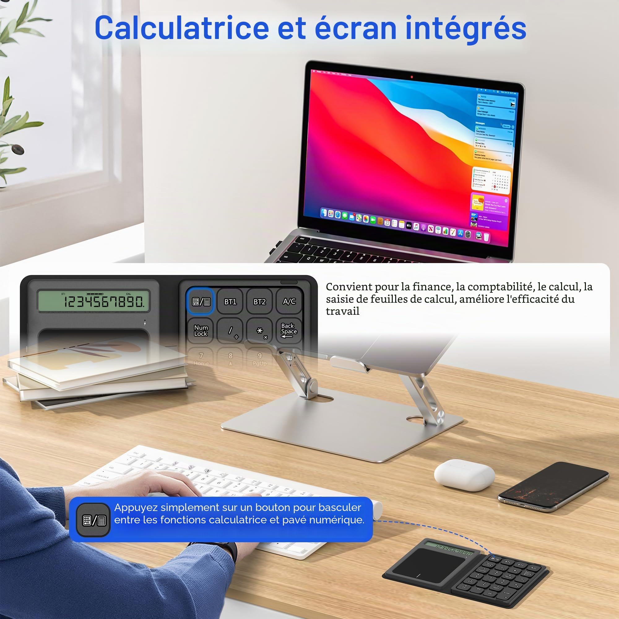 Pavé numérique Bluetooth avec calculatrice & tactile - Pavé numérique sans fil portable, pliable et rechargeable, 23 touches, Bluetooth clavier numerique,calcul et pavé tactile 3 en 1 pour pc portable
