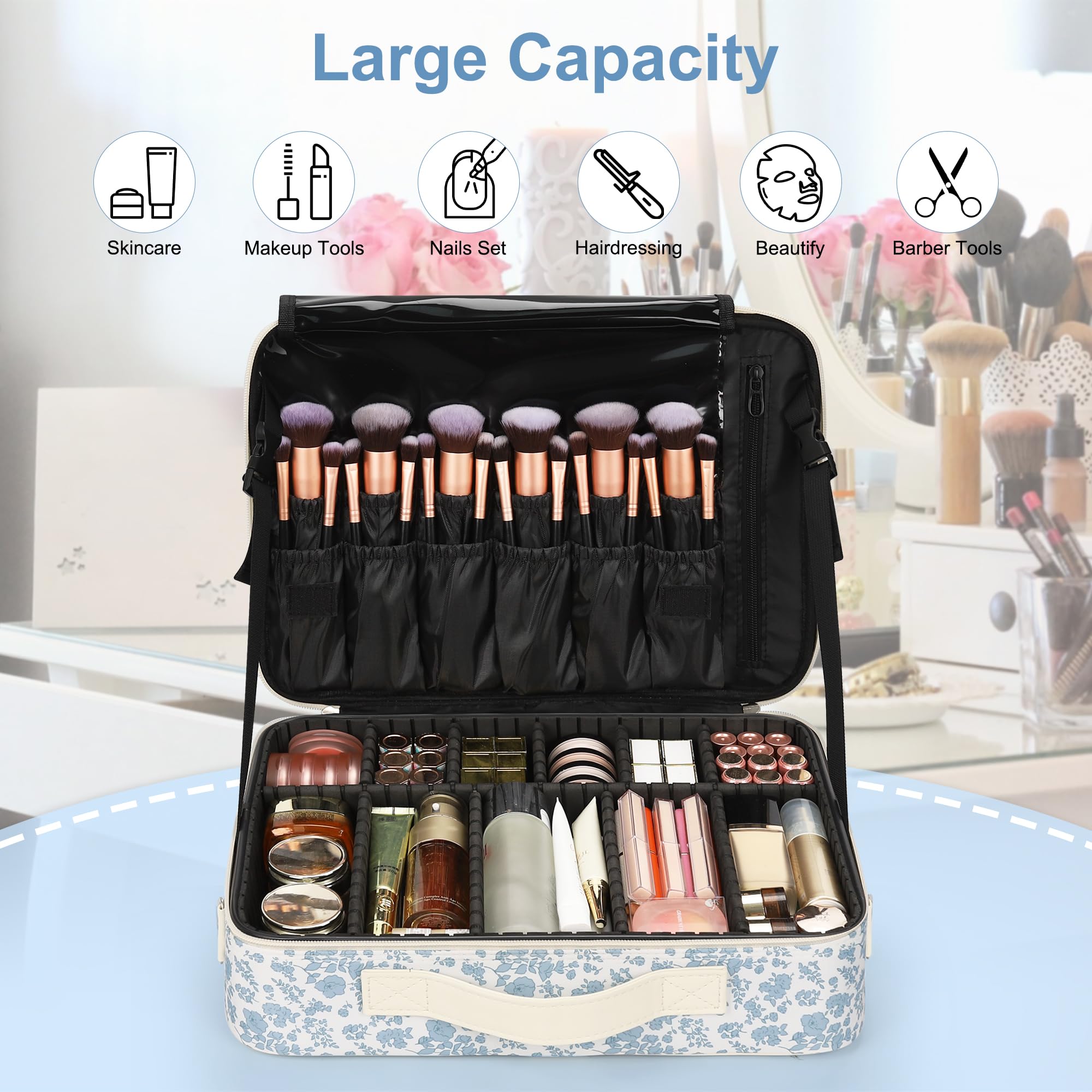Relavel Trousse de maquillage de voyage avec séparateurs réglables pour cosmétiques, pinceaux de maquillage, articles de toilette, bijoux, imprimé floral, Grand, Grande trousse de maquillage