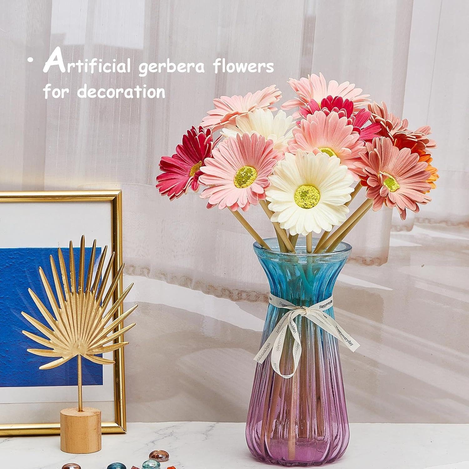 WILLBOND Künstliche Gerbera-Gänseblümchen, künstliche Gänseblümchen, Blumenstrauß, 38,1 cm, für Hochzeit, Brautstrauß, Party, Zuhause, Küche (Weiß, Rosa, Gelb, Orange, Rose, Koralle, 18 Stück)