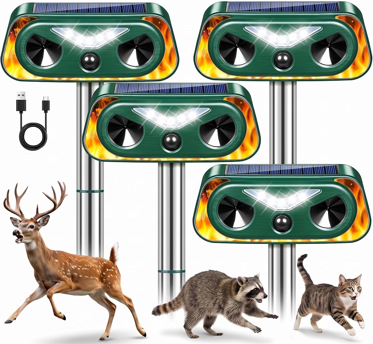 4 Pack Solar Ultrasonic Animal Repellent Outdoor, Motion Sensor Deer Repellent Device with LED Strobe Light, IP65 Waterproof Cat Squirrel Raccoon Rabbit Deterrent, Garden Yard Lawn Protection