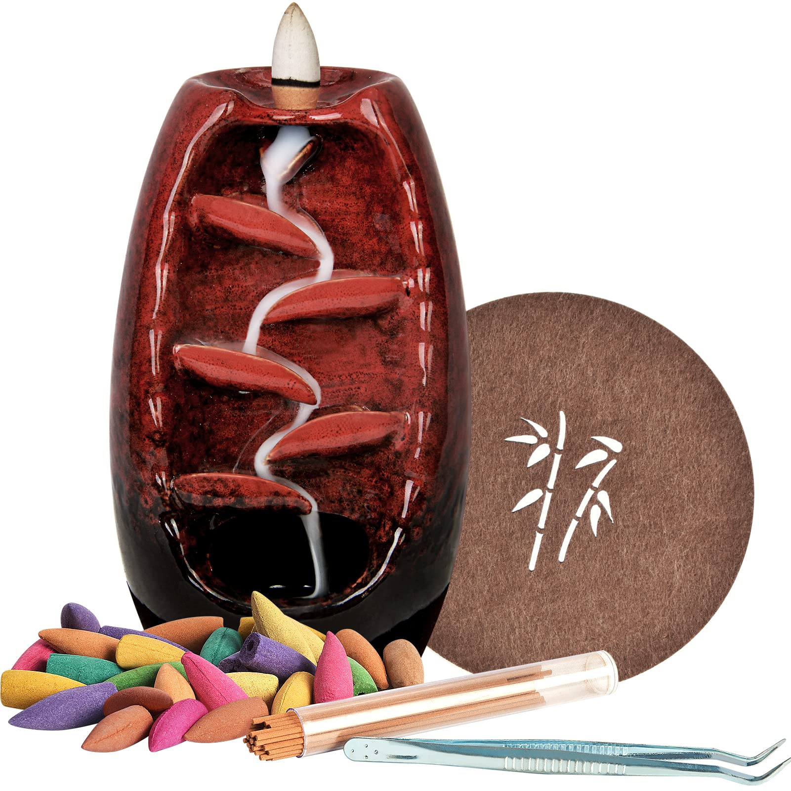 Ronlap Backflow Incense Burner, Ceramic Waterfall Smoke Incense Holder with 120 Upgraded Incense Cones+30 Incense Sticks+1 Tweezer+1 Mat, for Aromatherapy Meditation Home Decorations, Red