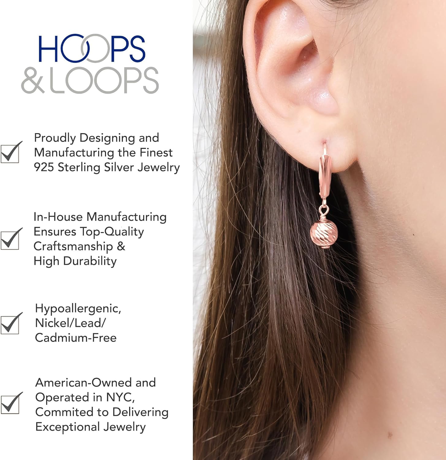 Hoops & Loops 925 Sterling Silver Diamond-Cut Beads Dangle Leverback Earrings, 8mm or 10mm | Silver, Yellow Gold, Rose Gold, Black