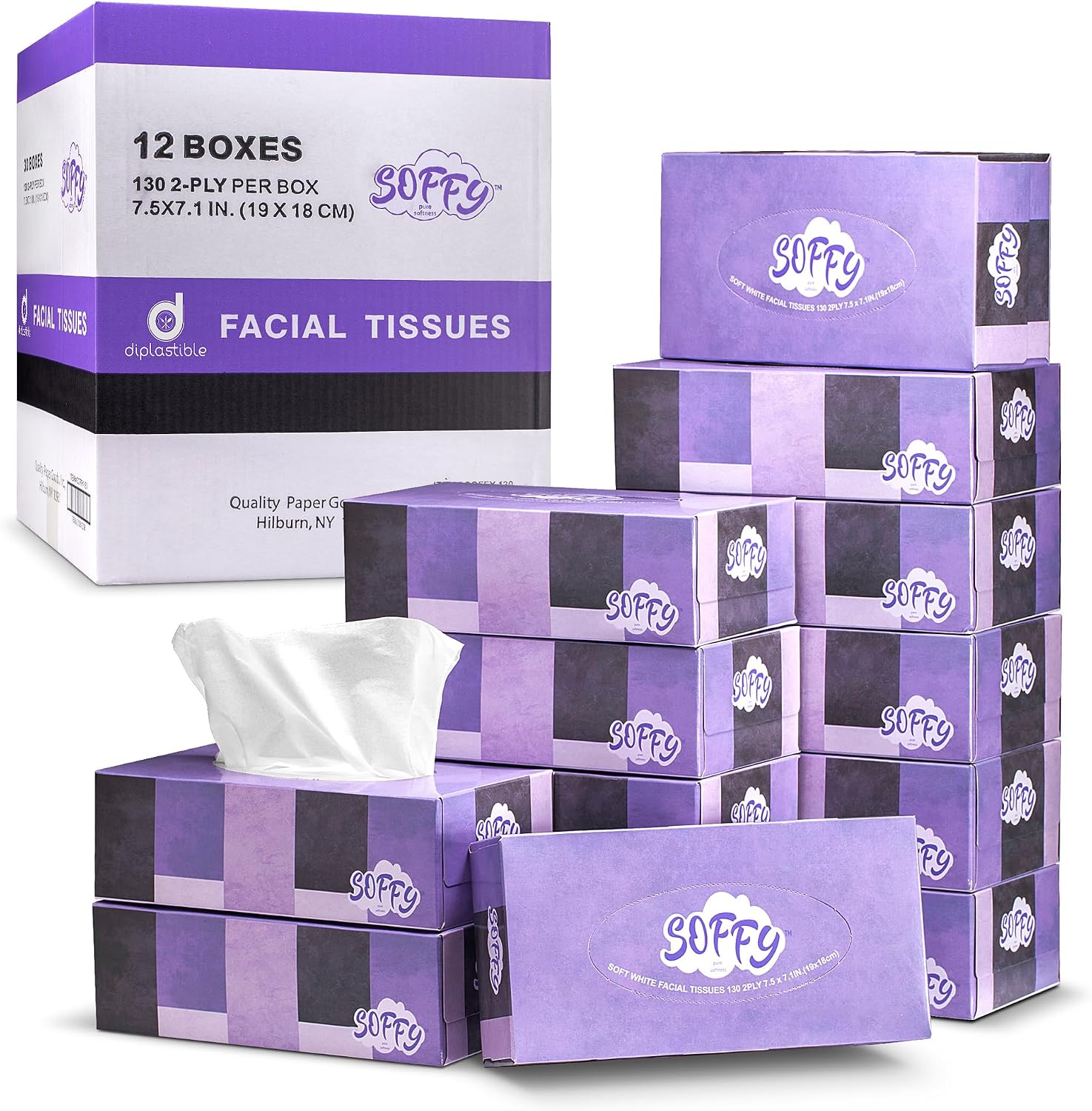 Facial Tissues, 2 Ply White - 130 Per Box, Car and Travel, Face Tissue 7.5" x 7.1", (Pack of 6) Tissue Box