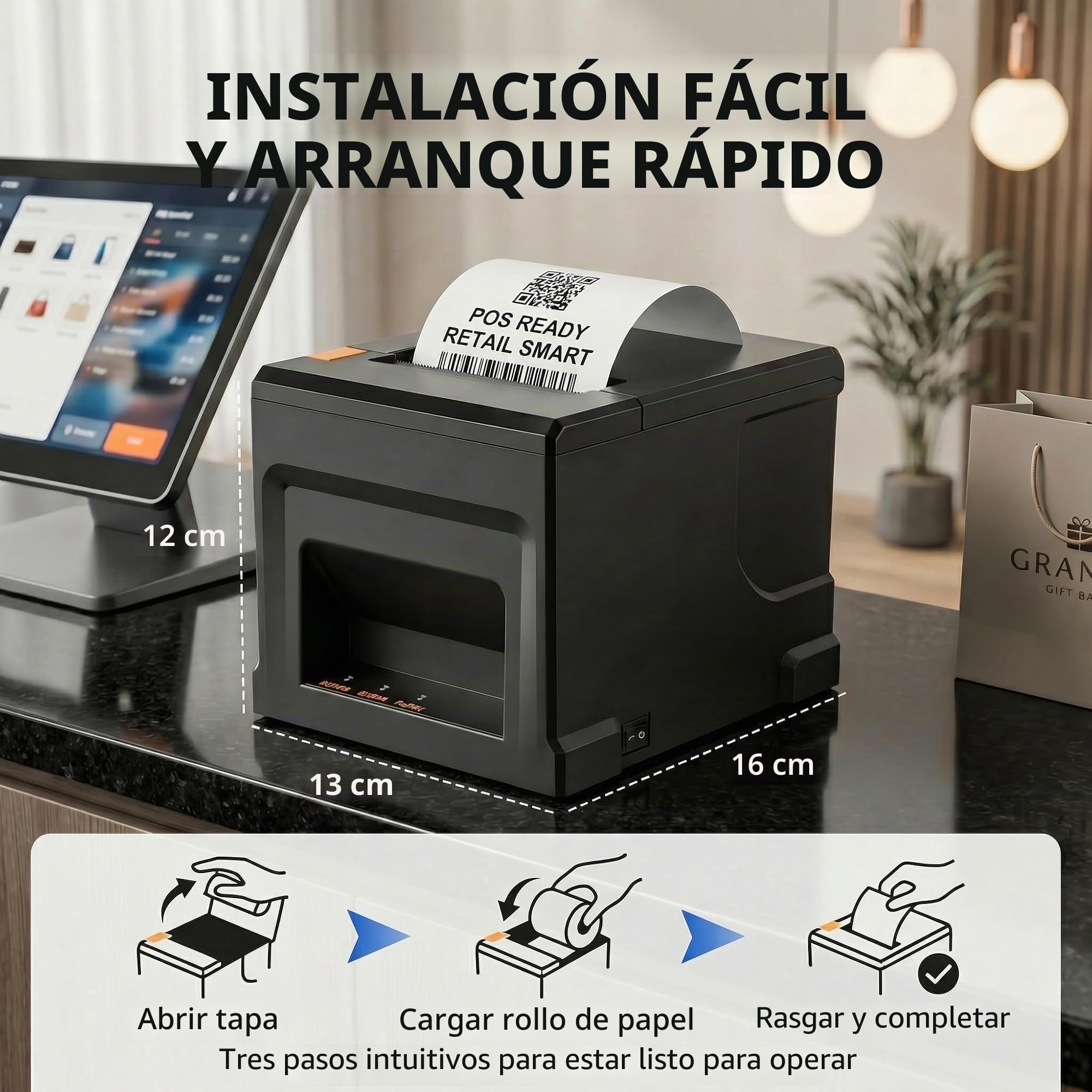 Impresora POS 80mm con 5 Rollos de Papel y Bluetooth para PC - Autocortador, USB/LAN, 300mm/s - para Restaurante, Bar, Tienda