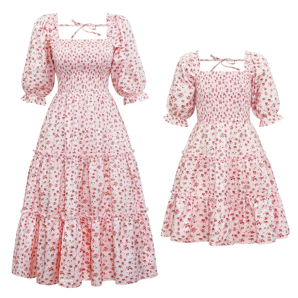 Madre e figlia, vestito da donna, ragazza, rete floreale, casual, estivo, per la famiglia, adatto per i genitori, per bambini, a linea, volant, matrimonio, vacanze, abito da festa