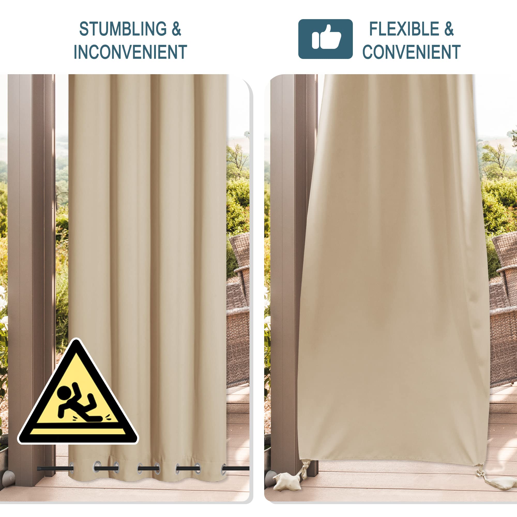PONY DANCE Tenda da Sole per Esterno Impermeabile Tende Antiventi con Sacchi Pesati per Gazebo con Anelli Anti-UV Blackout Curtains per Balconi 2 Pezzi L132 x A213 CM, Beige