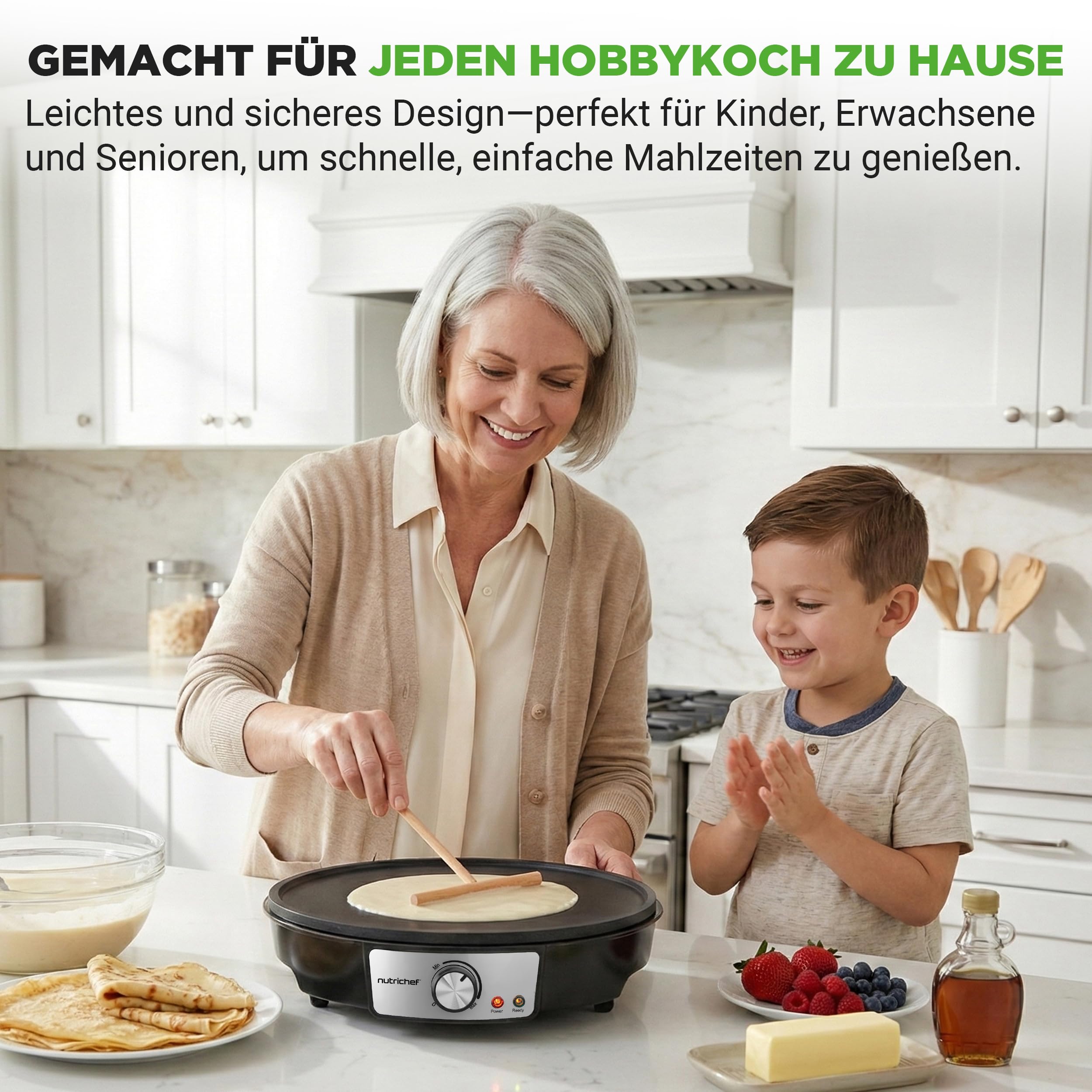 NutriChef Crepe Maker 30 cm elektrisch – Antihaft Platte mit Temperaturregelung, Teigverteiler und Spatel, Schwarz