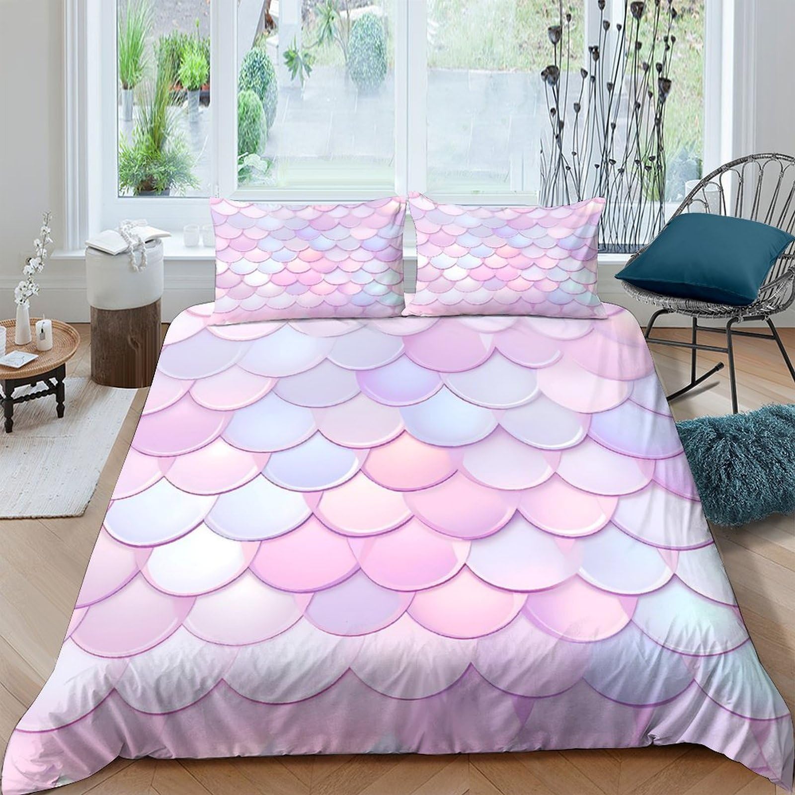 Ctjqhvkz Style-1 3D Printed Pastel Mermaid Scales Fitted Sheet Microfiber Soft Slip-Resistant Ombre Shell Bed Cover For Bedroom Dorm Single（135X200cm）