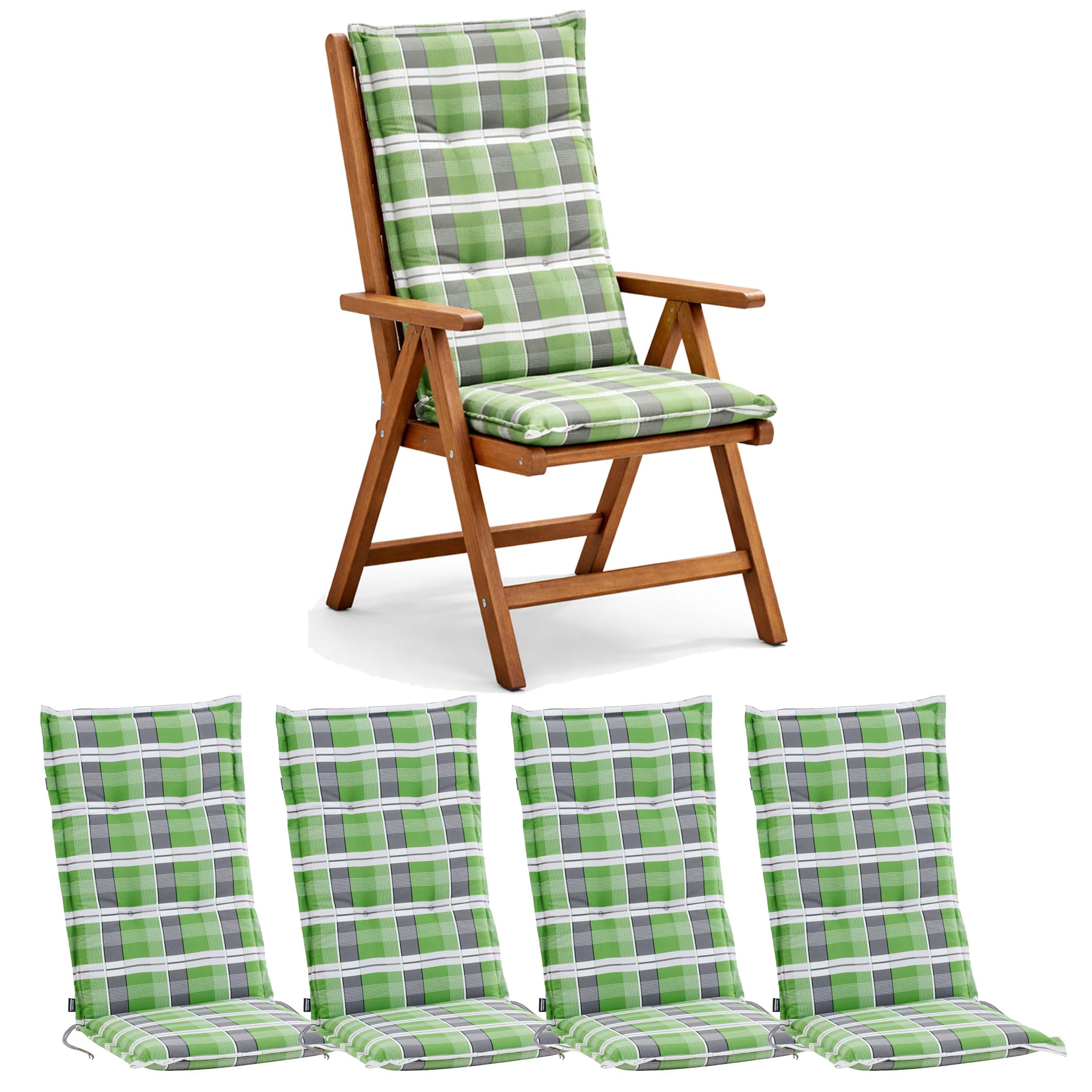 BURI 4X Set of Reclining Chair Cushions for Garden Chairs 120 x 48 x 7 cm Upholstered Seat Pads UV Resistant - Garden Chair Covers Checkered Pattern Chair Cushions with Thick Foam Filling (Green/Gray)