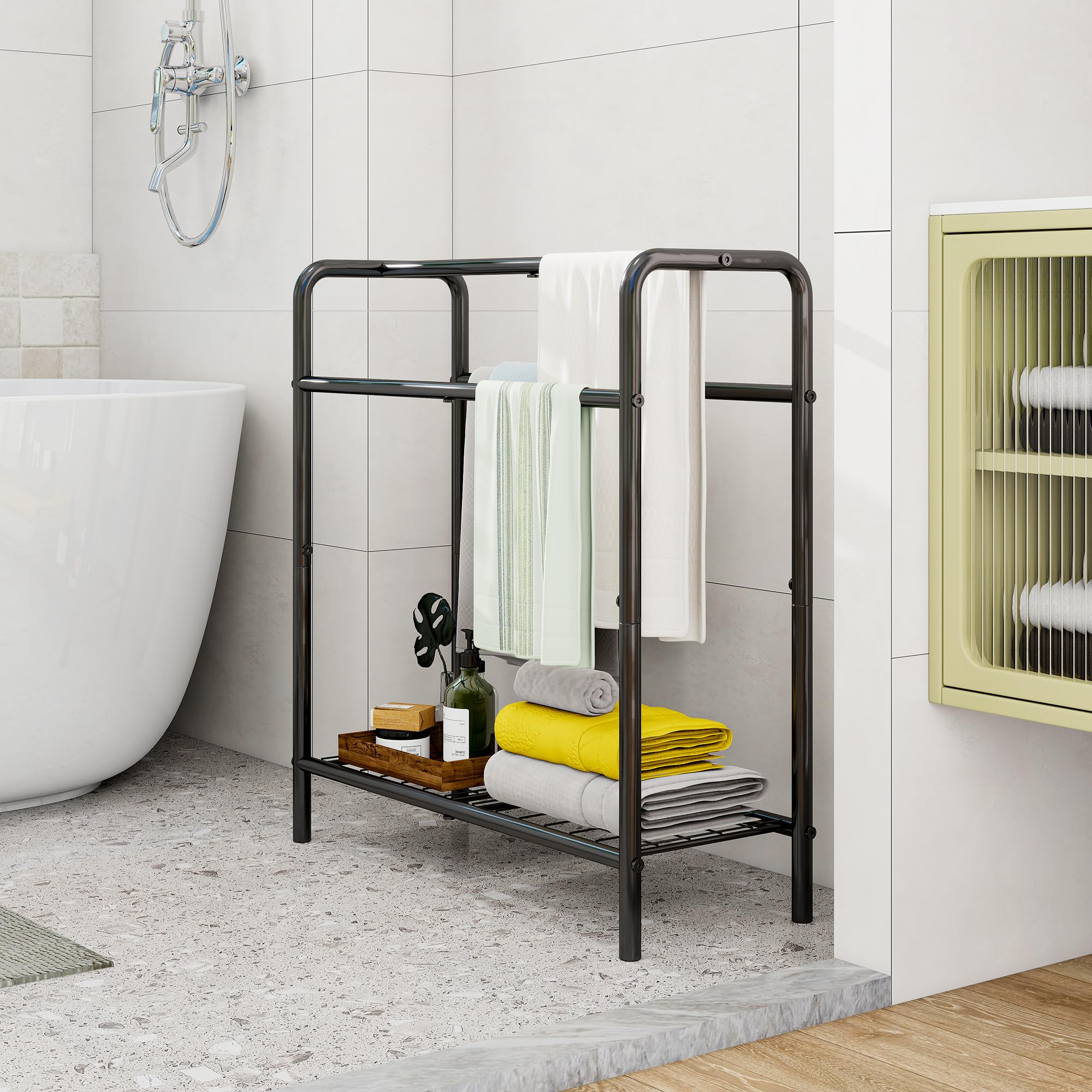 Porte-serviettes à 3 niveaux en métal, petit porte-serviettes autonome pour salle de bain, gain de place, chambre à coucher, salle de bain, étagère d'affichage pour piscine (noir, 70 x 27 x 76