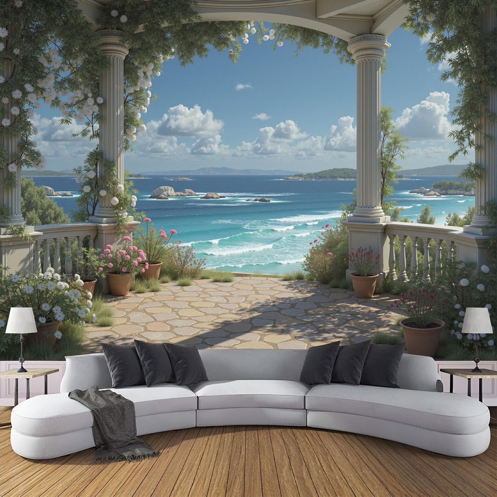 Papier peint panoramique mural 200x140cm avec affiche murale fleurie terrasse