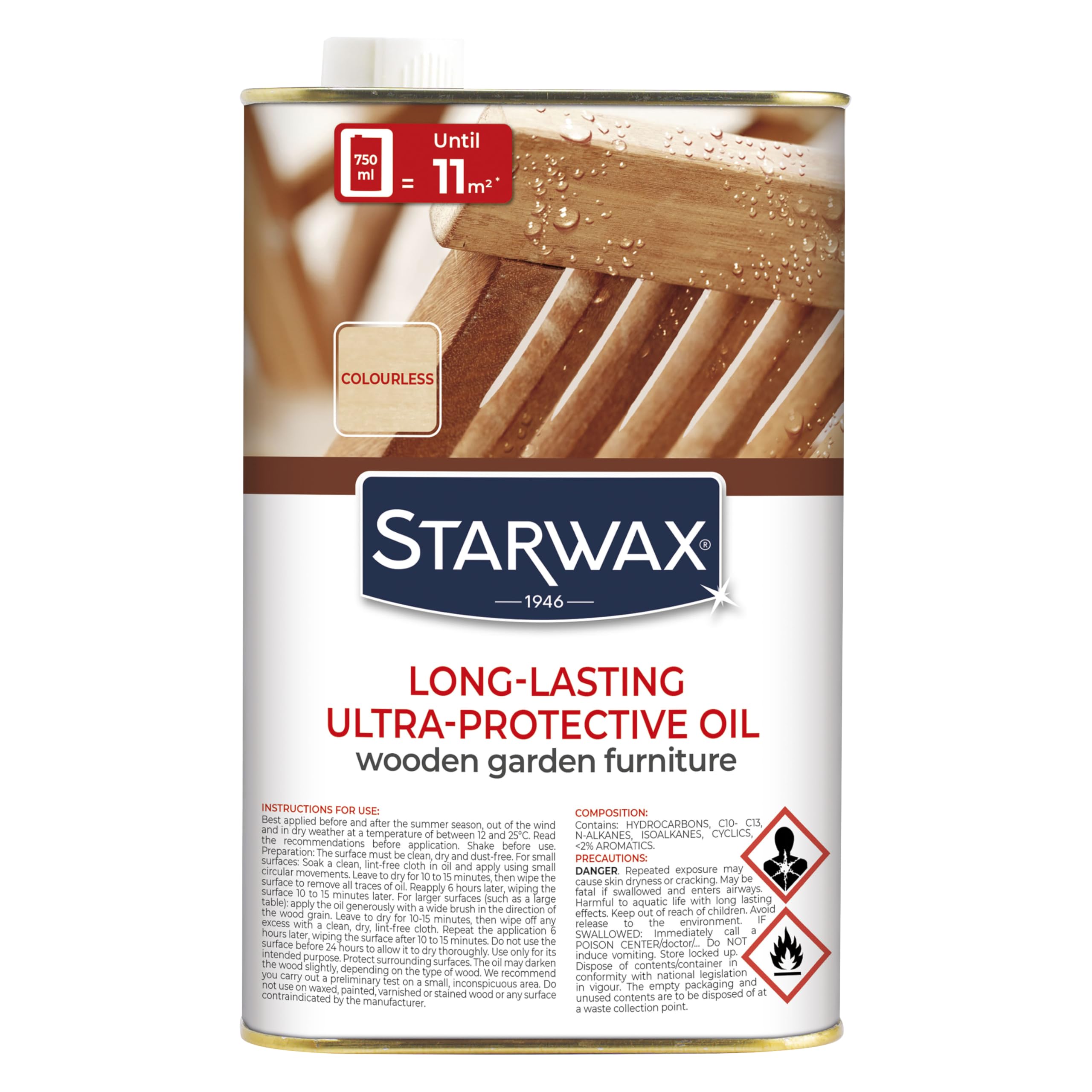 STARWAX Ultra-Protective Long-Lasting Oil for Wooden Garden Furniture, 750ml, Nourishes and Protects Teak, Ipe, Bamboo, Acacia, Water and UV Resistant, Colourless - Up to 11m²