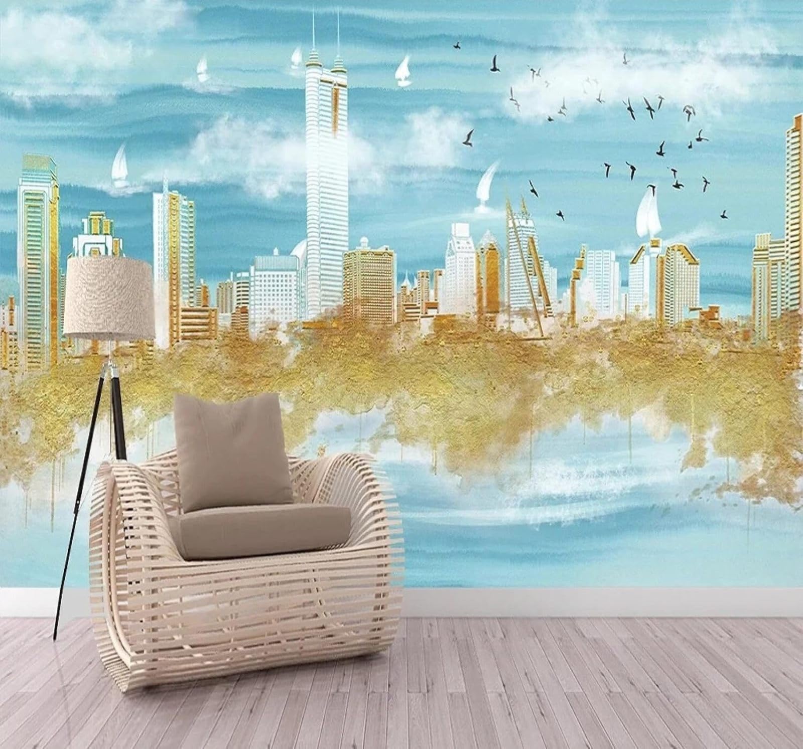 Tzxztt 150Cm×105Cm(B×H) Abstract Gold Leaf City Architecture Birds In Flight Landscape Modern 3D Wallpaper Premium Textured Silk Neutral Tones Material Ideal For Living Room Bedroom-150Cm×105Cm