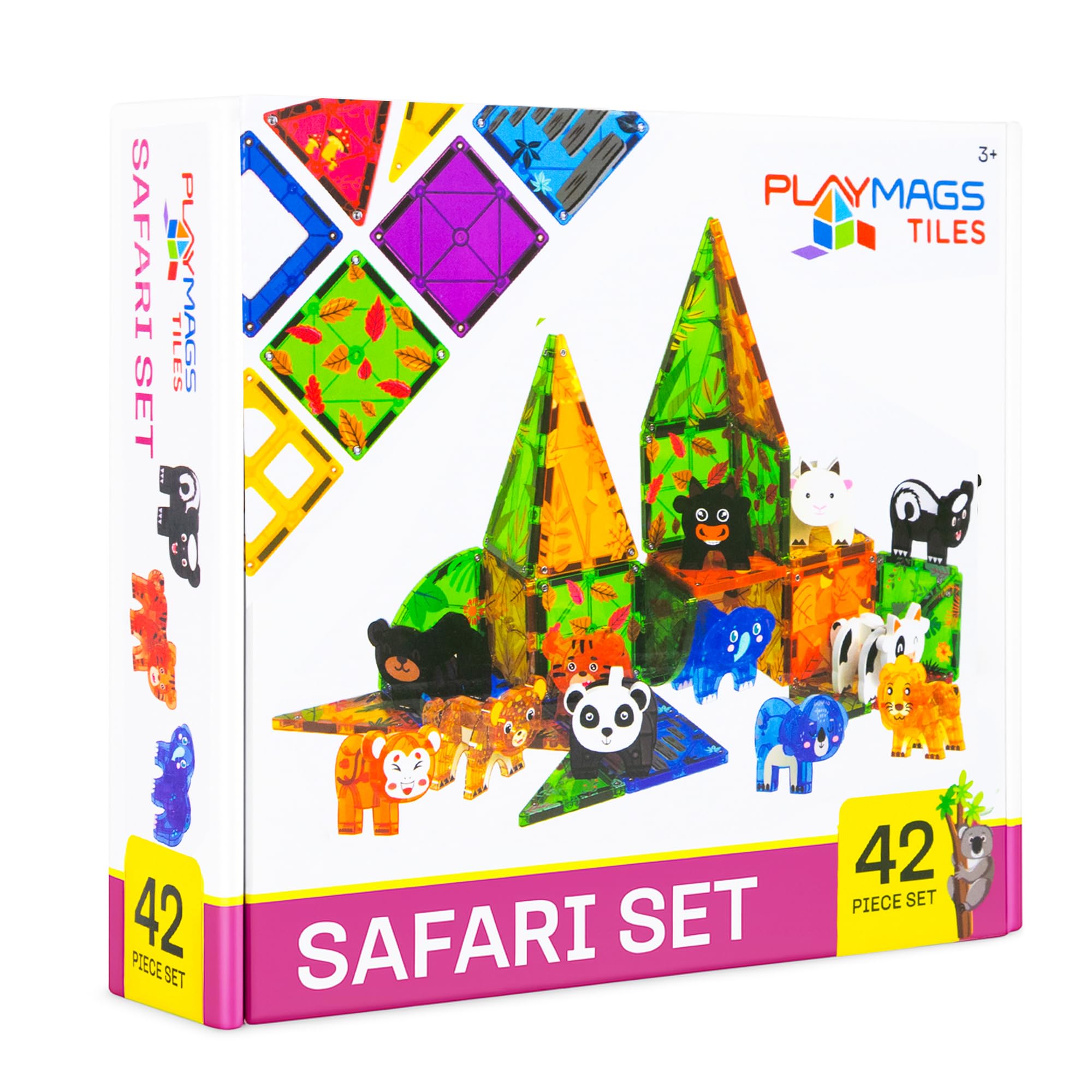Playmags Animal Safari Magnetic Tiles for Kids - 42 Piece Set | Stacking & Building Blocks for Toddlers | Educational STEM Toy & Jungle Animal Figures