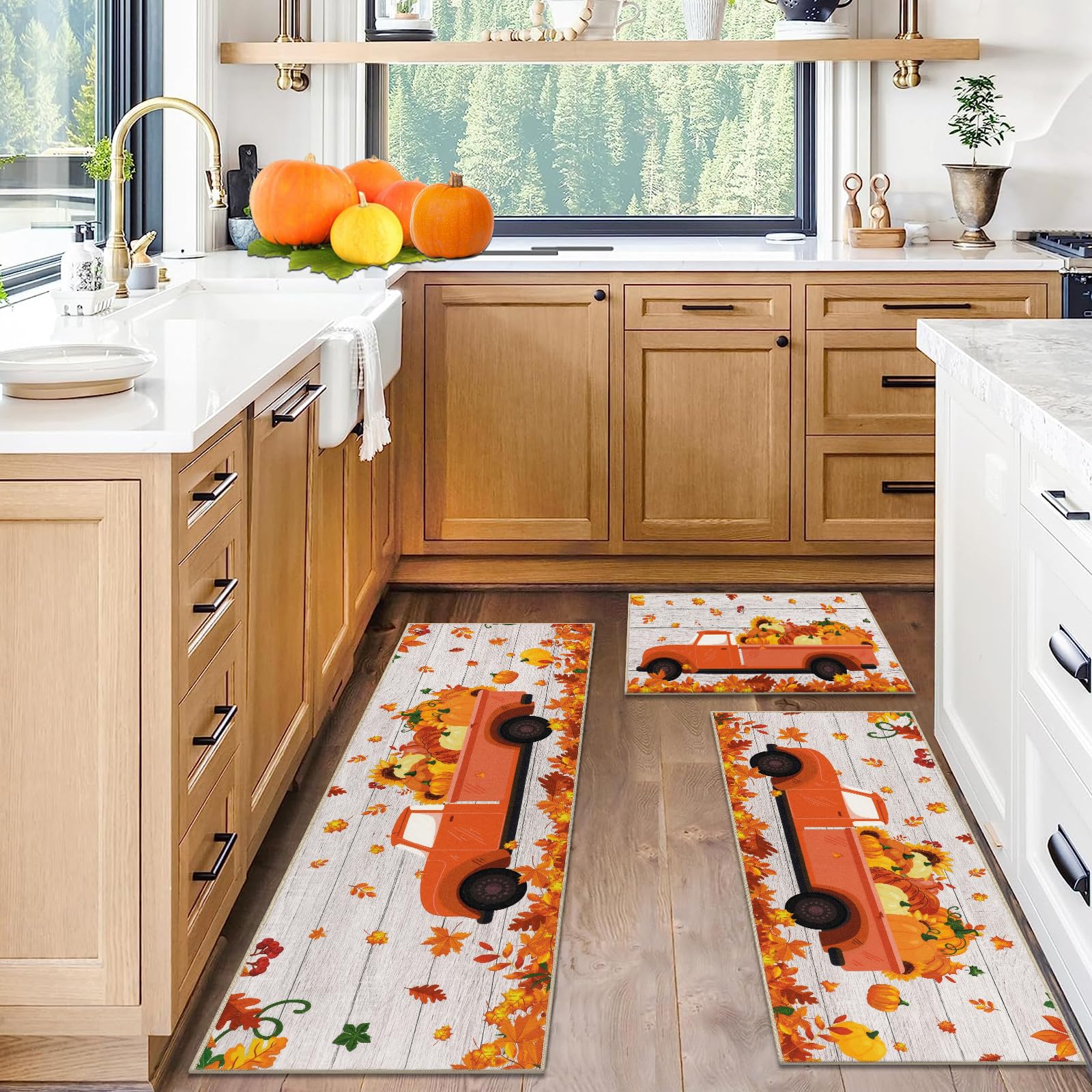 Kürbis-Küchenmatten 2er-Set | Herbst Design Mit Blättern | Rutschfest, Waschbar | Für Küche & Flur