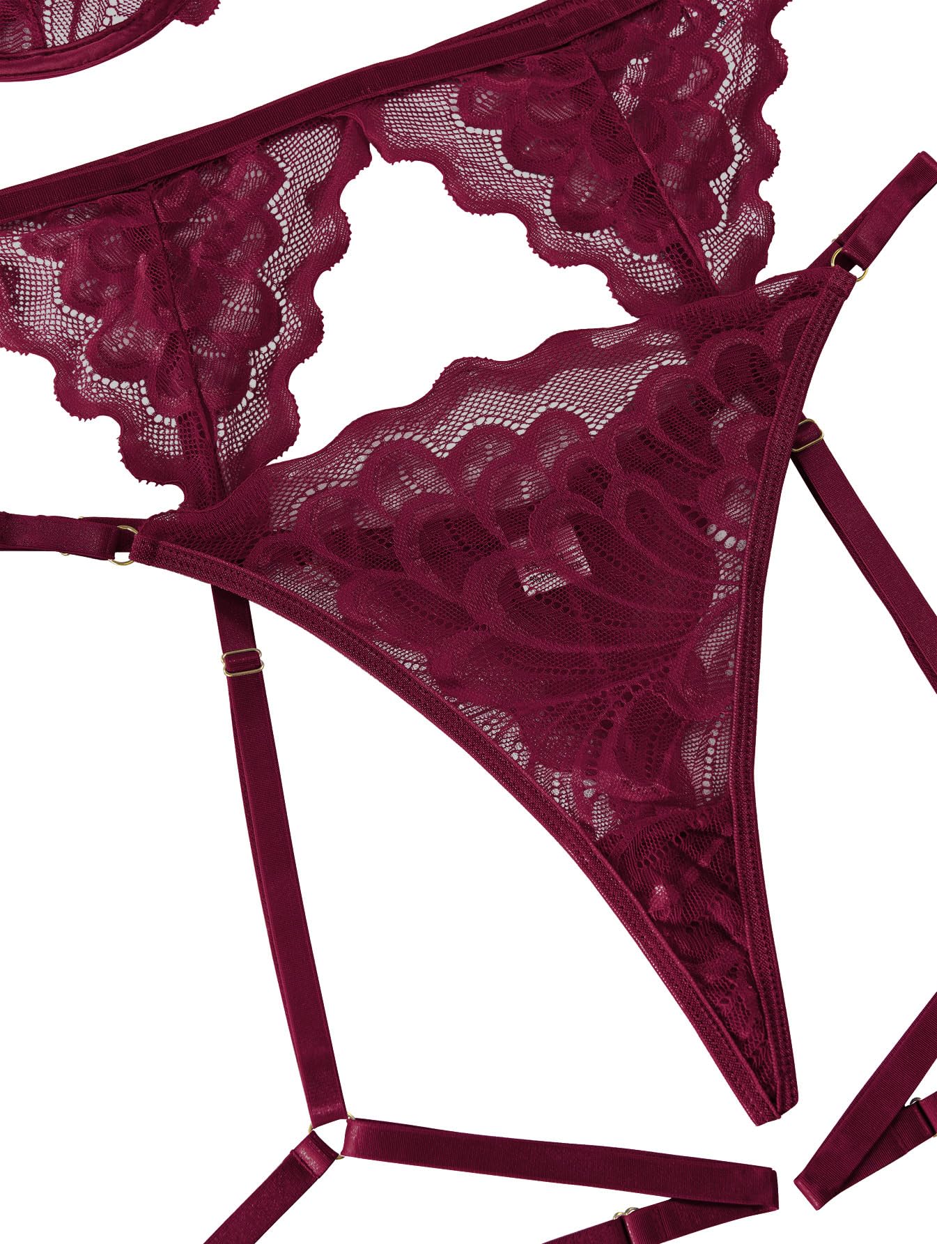 Lilosy Sexy Choker Floral Lace Scallop Sheer Underwire Push Up Garter Belt Lingerie Set 3 Piece: Medium Burgundy Red