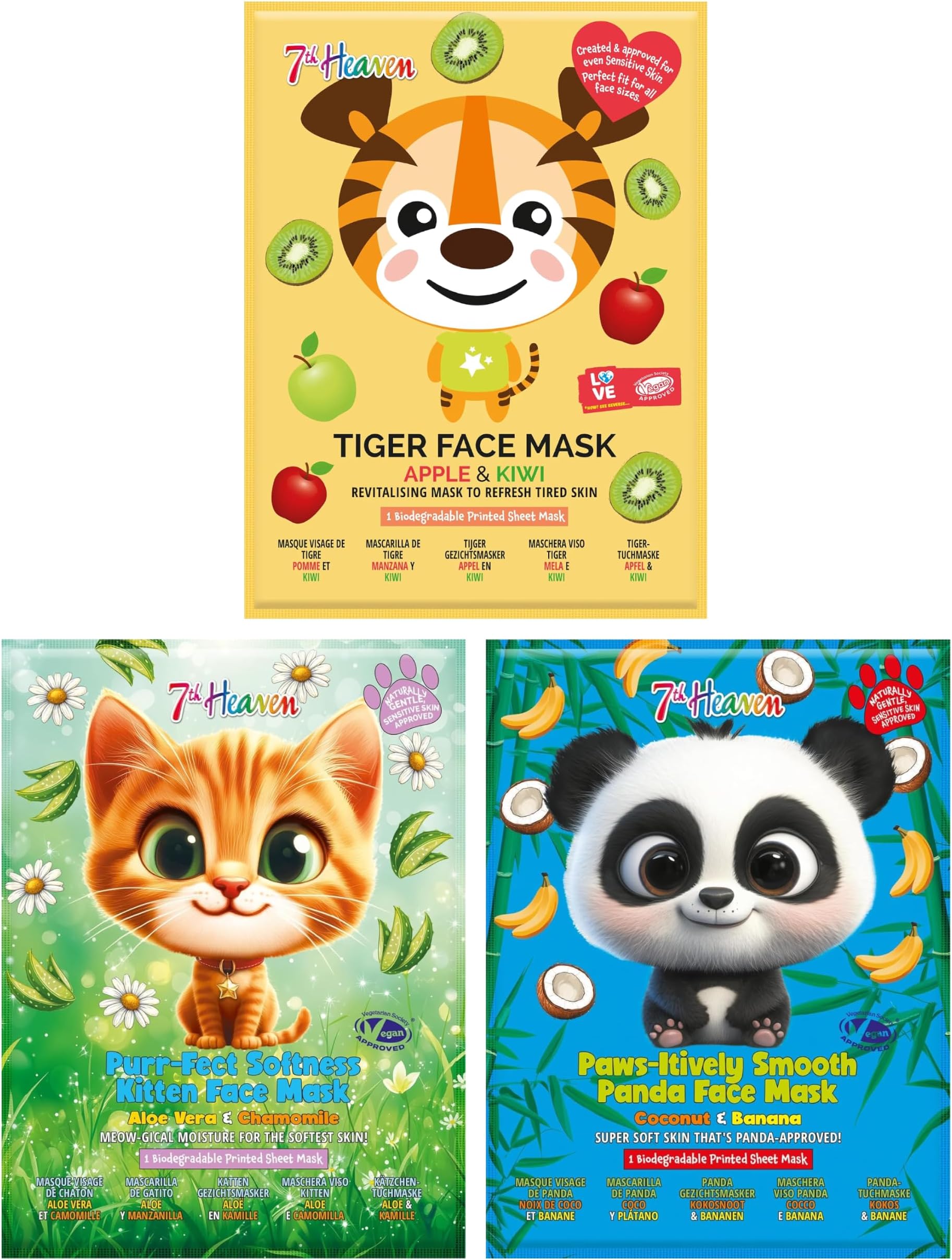 7th Heaven Kids Animal Face Mask Set, 3 Tiger, Kitten and Panda Sheet Masks