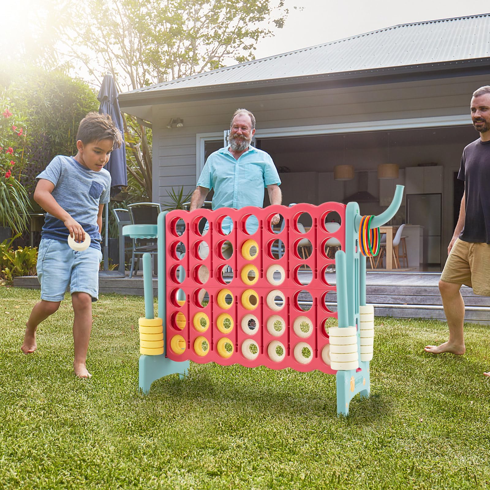 COSTWAY Conecta 4 Gigante, Mega 4 para Niños y Adultos, Juego de Exterior 74 cm con Canasta y Juego de Lanzamiento de Anillos, 42 Piezas Gigantes con Pegitinas y Boloncesto (Rojo y Azul)