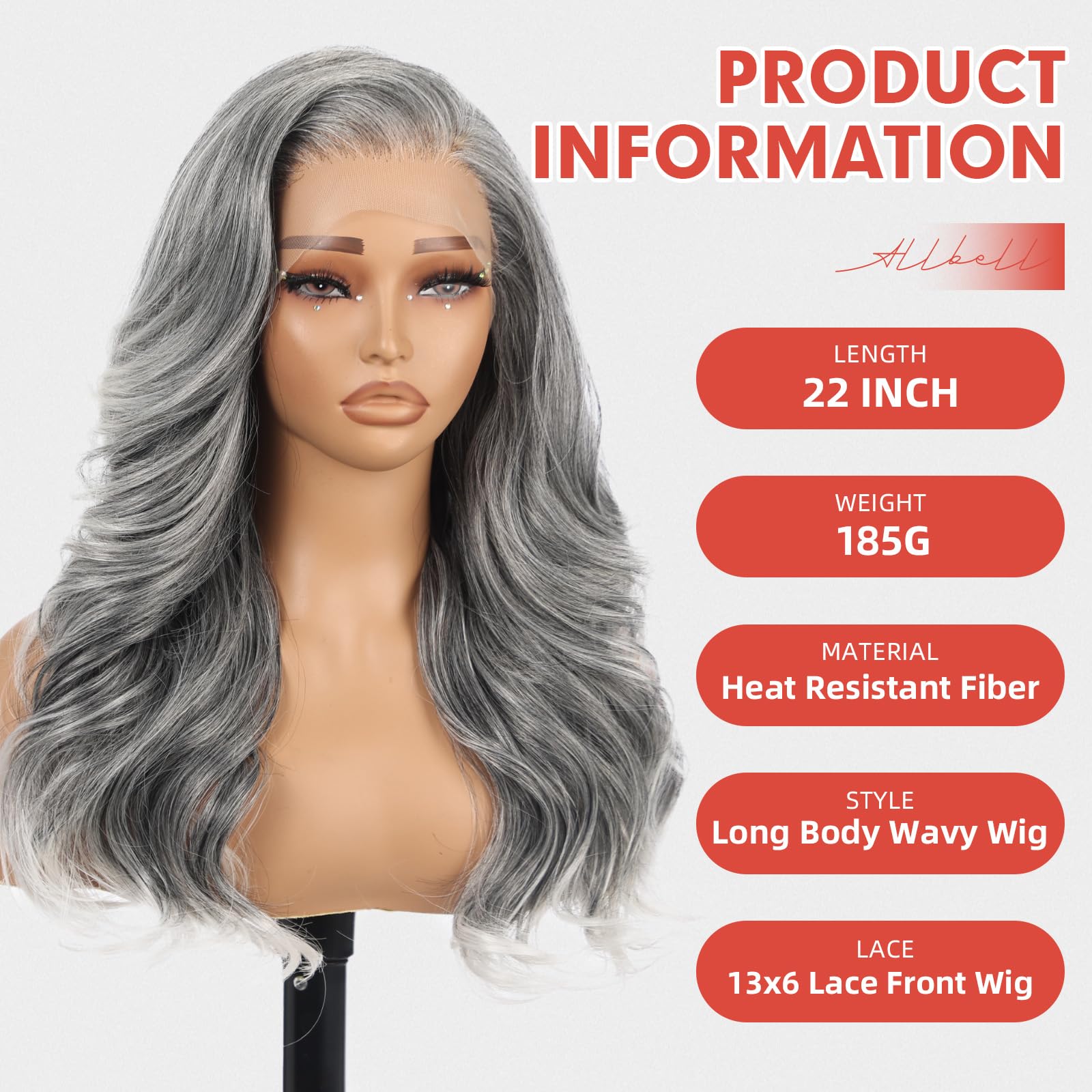 Allbell Graue Perücke für Frauen, 22 Zoll lange lockige Perücke mit Vorhangpony, 13x6 Lace Front Perücke für den täglichen Gebrauch