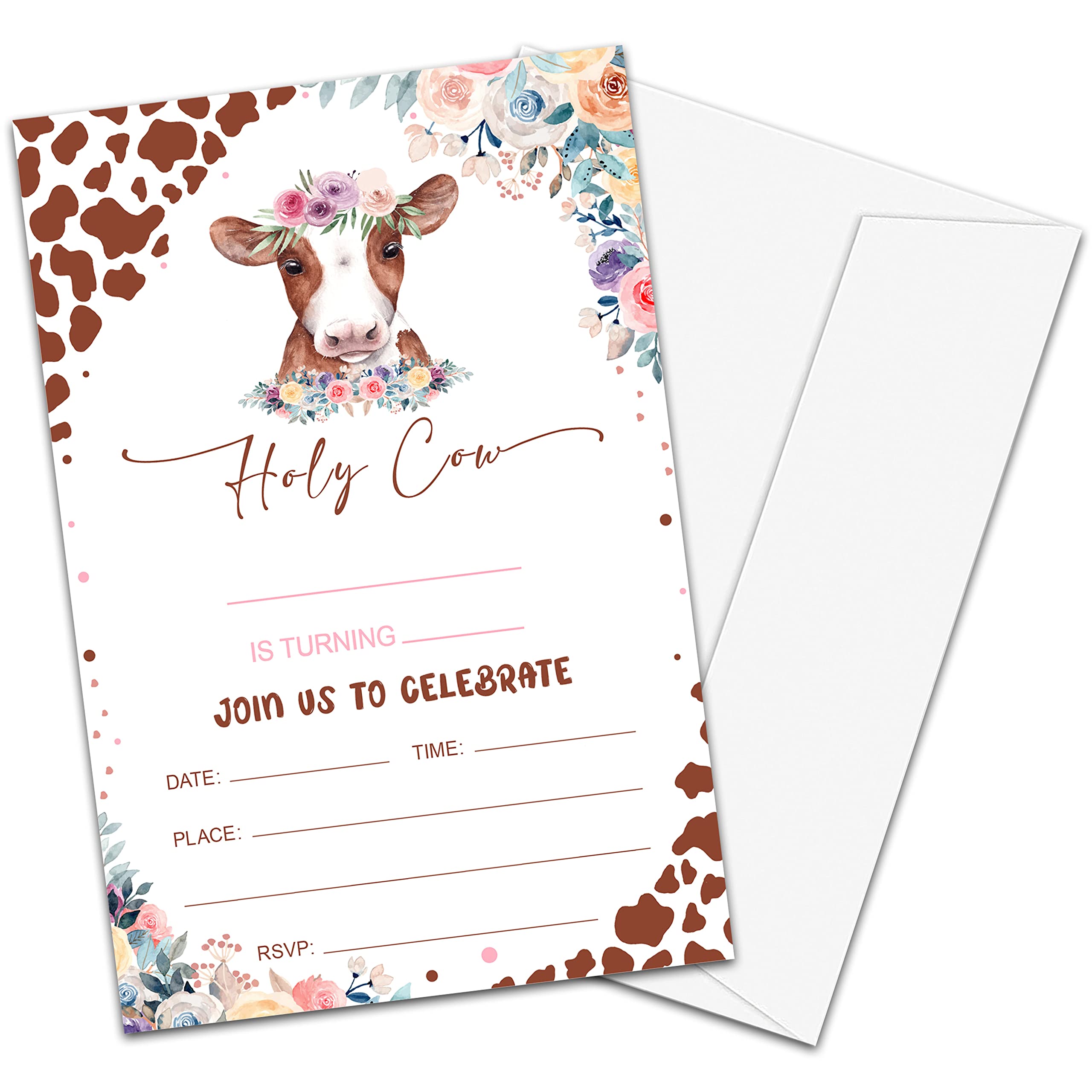 NYCTUG Holy Cow Birthday Party Invitation Cards, Watercolor Floral Animal Party Invitation For Teens Boys & Girls-Kid's Party Celebration Supplies, 20 Fill-In Invitations With Envelopes-C09