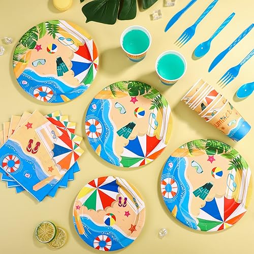 Miniatura 4 de ADXCO Juego de vajilla de verano de 192 piezas para fiesta en la piscina, incluye platos, servilletas, vasos, tenedores, cuchillos, cucharas para