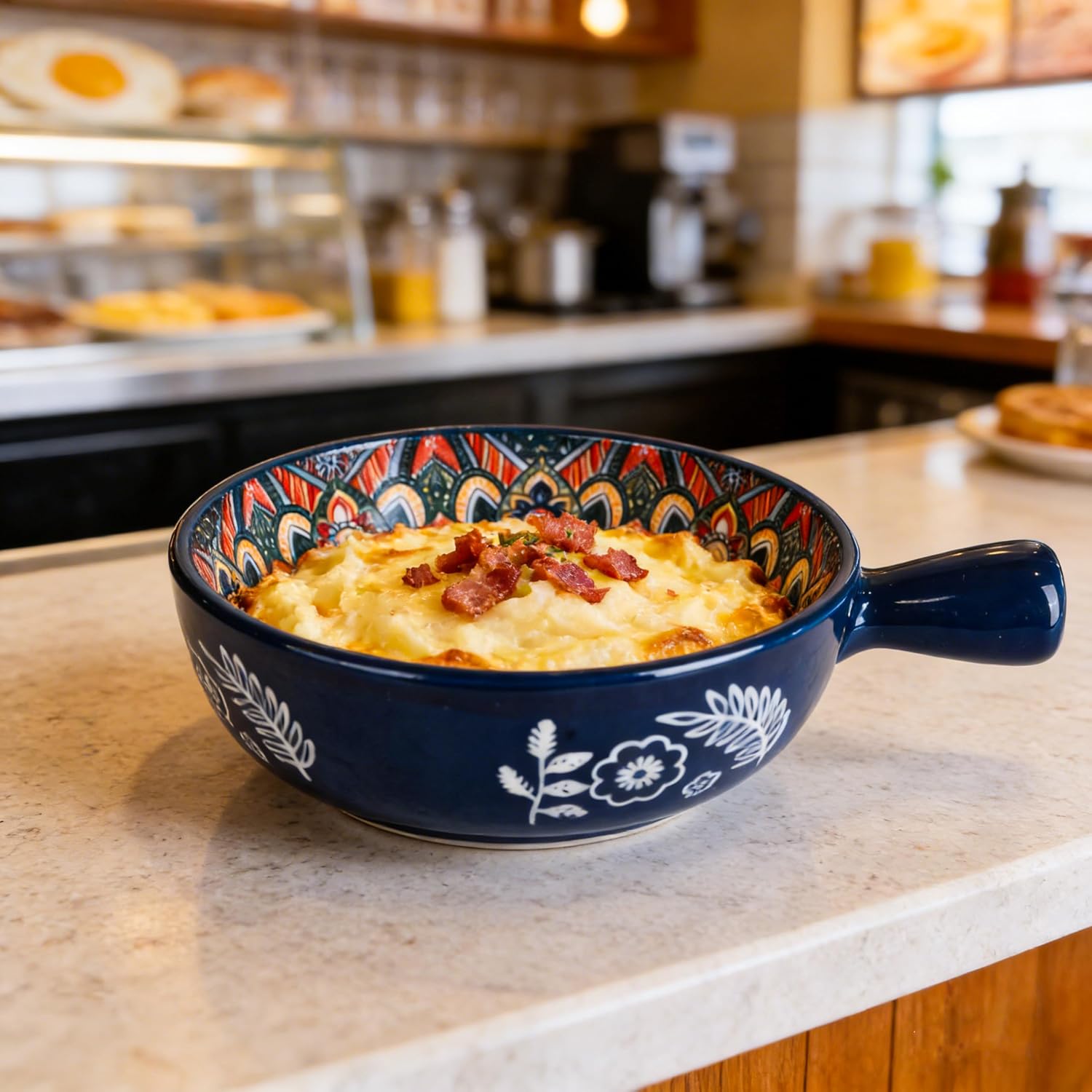 22 Oz soup bowls with handles set of 4-6 Inch Porcelain french onion soup bowls oven safe - Stackable Soup Crocks for Pasta, Beef Stews, Cereal, Bohemian Dishwasher Safe