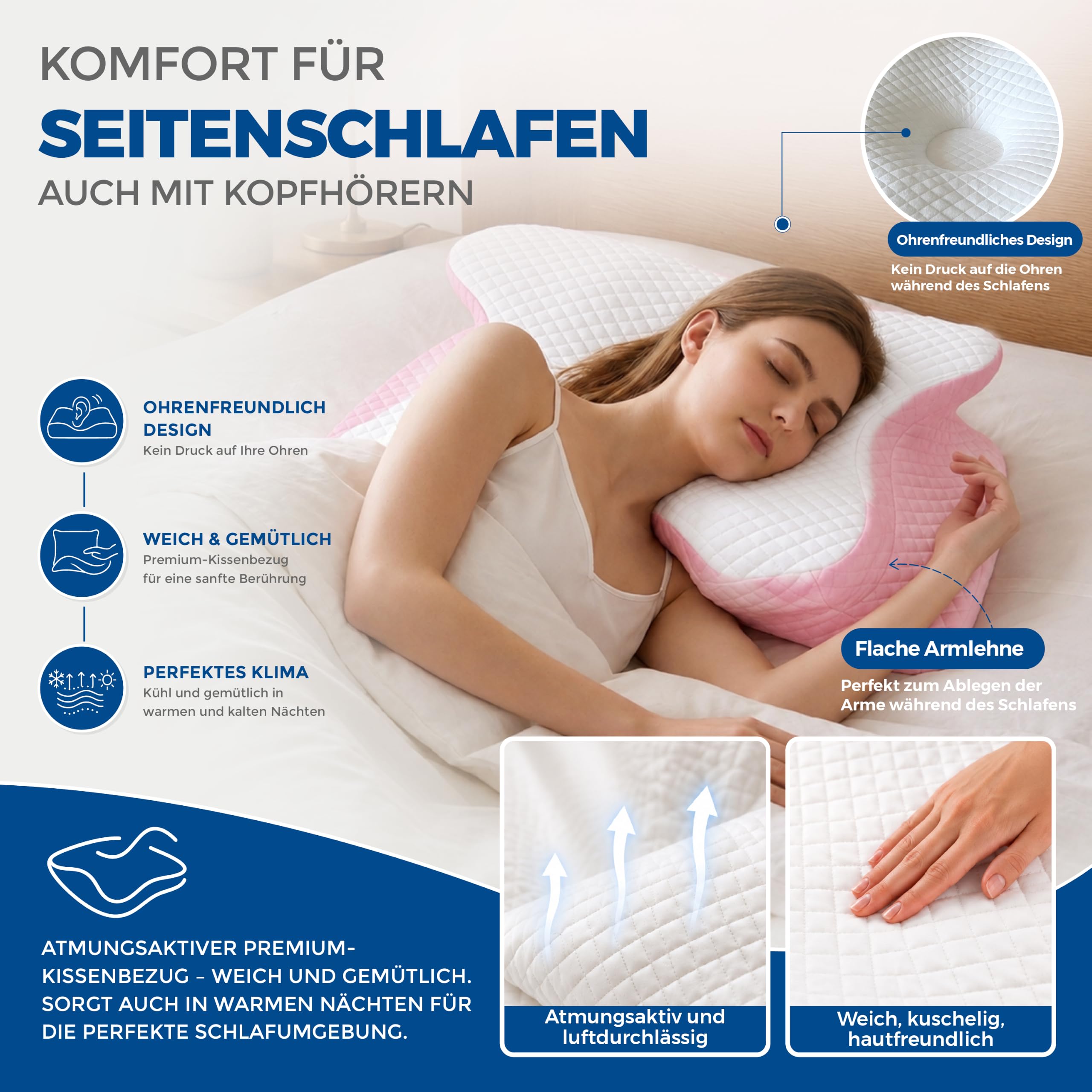 Ergonomisches Memory Schaum Kopfkissen Nackenstützkissen Seitenschläferkissen Kühlend Rosa
