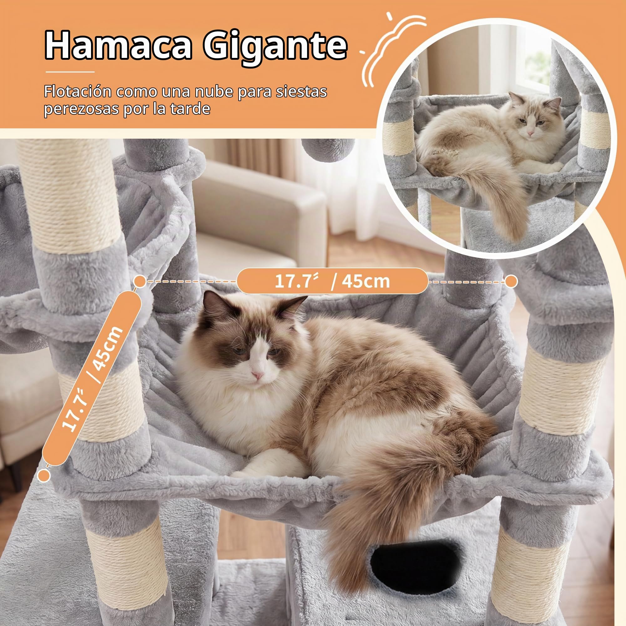 Heybly Rascador para Gatos XXL 266–296 cm, Rascador Deckenhoch con Plataforma Superior y Base Ancha, 2 Casitas para Gatos, Hamacas, Cestas, 15 Postes de Sisal, Sistema Antivuelco, Gris Claro HCT092W
