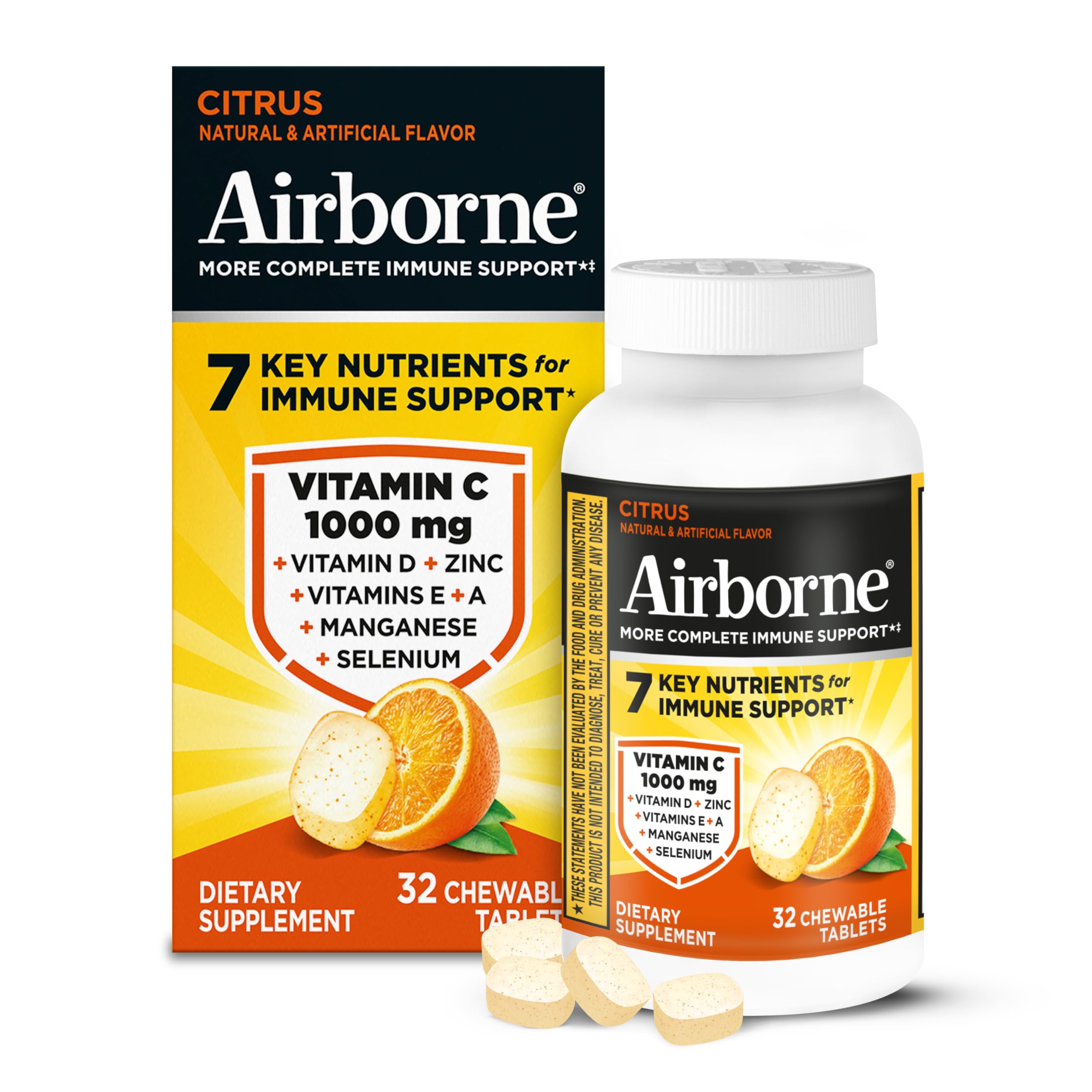 Airborne Vitamin C 1000mg (per Serving) Citrus Chewable Tablets (32 Count in a Box), Gluten-Free Immune Support Supplement, with Vitamins A C E, ZINC, Selenium, Echinacea & Ginger, Antioxidants