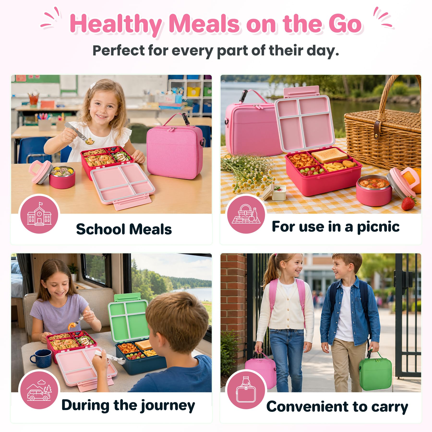 Bento-Lunchbox mit 237 ml Suppen-Thermo, auslaufsichere Lunch-Lebensmittelbehälter für Kinder mit 4 Fächern, Thermo-isoliertes Glas für heiße Lebensmittel und Lunchtasche für die Schule, Trvael-Pink