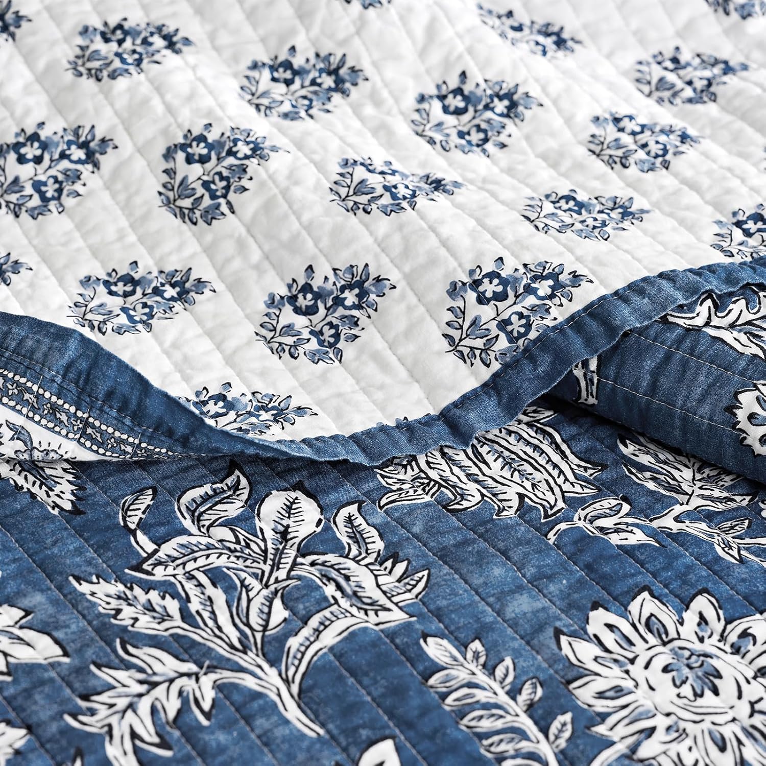 EverGrace Cotton Quilt Set Queen Size, 100% Cotton Reversible Lightweight Bedspread Coverlet, Vintage Floral Farmhouse Bedding, Traditional Block Print Quilt with 2 Pillow Shams, Indigo Blue 92"×96" | Vintage Floral, 100% Cotton, Soft, Oeko-Tex Certified, Oversized, Reversible