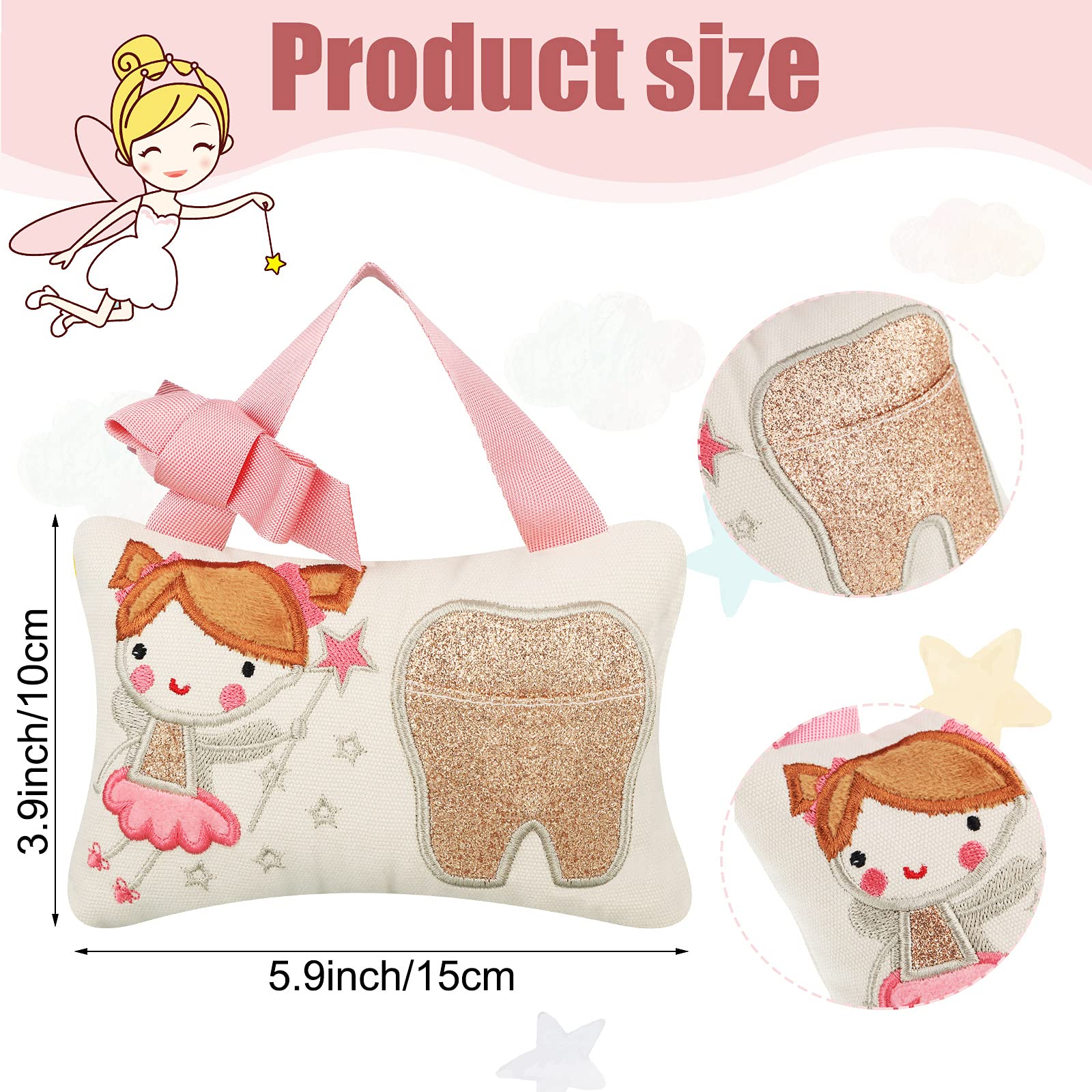 Qunclay Tooth Fairy Pillow with Pocket Kids Keepsake Pouch Tooth Fairy Gifts for Girl and Boy, 3.9 x 5.9 Inches (Sweet)