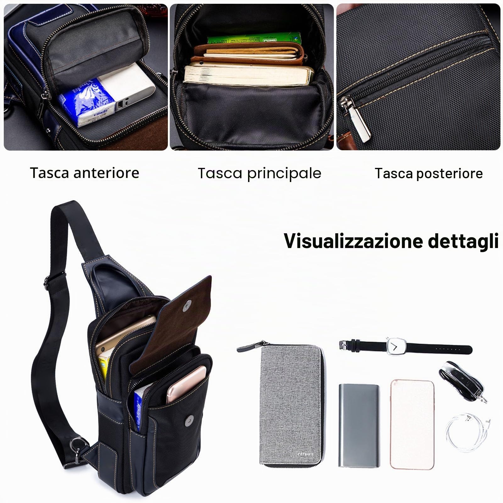 FANDARE Retrò Zaino Monospalla Uomo Borsello Tracolla Zainetto Piccolo Zaino Spalla Impermeabile Pelle Affari Borsa a tracolla per Trekking Ciclismo Viaggio Marsupio Tracolla Blu nero