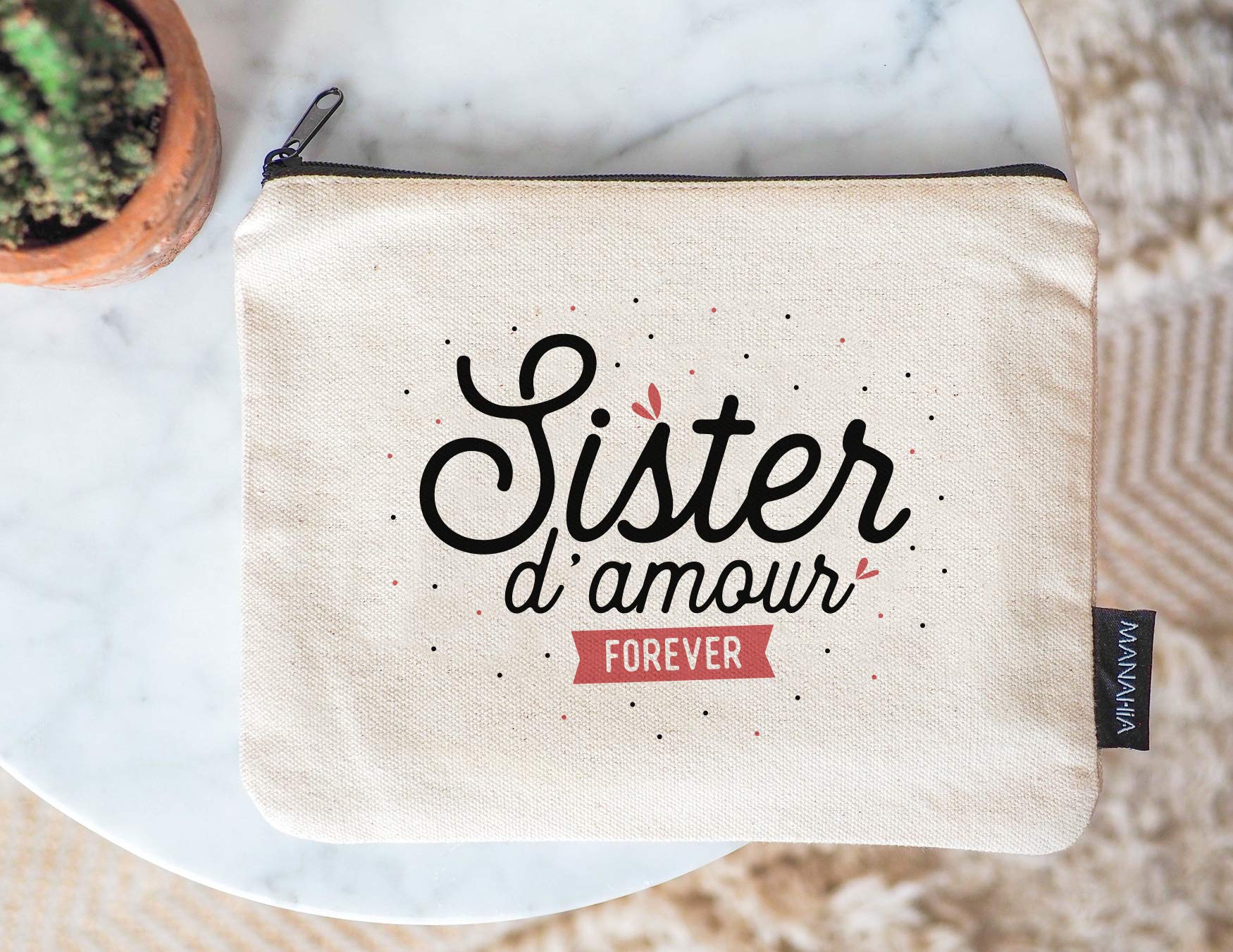 Pochette Cadeau Soeur "Sister D'amour Forever" - 100% Coton - Trousse Toilette Personnalisée