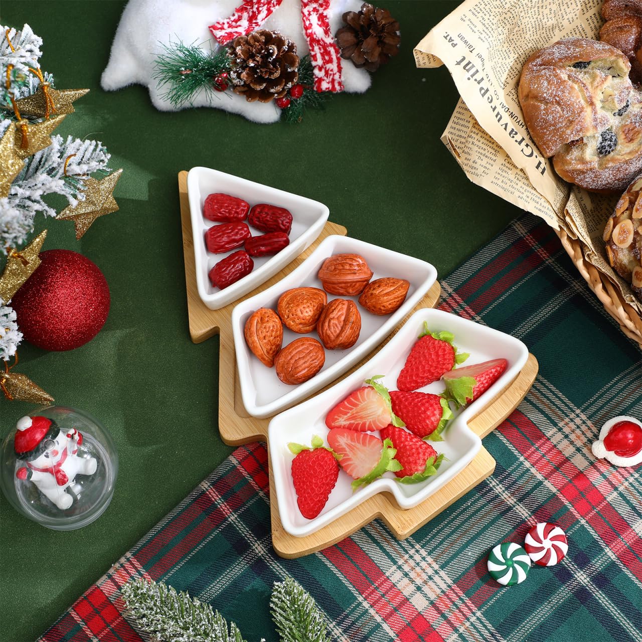 Angoily Plats de service en céramique pour dessert, plateau de service pour fête, plateau de fruits, plateau de collation, assiette d'apéritif, assiette à gâteau de Noël, plateau de palette en bambou,