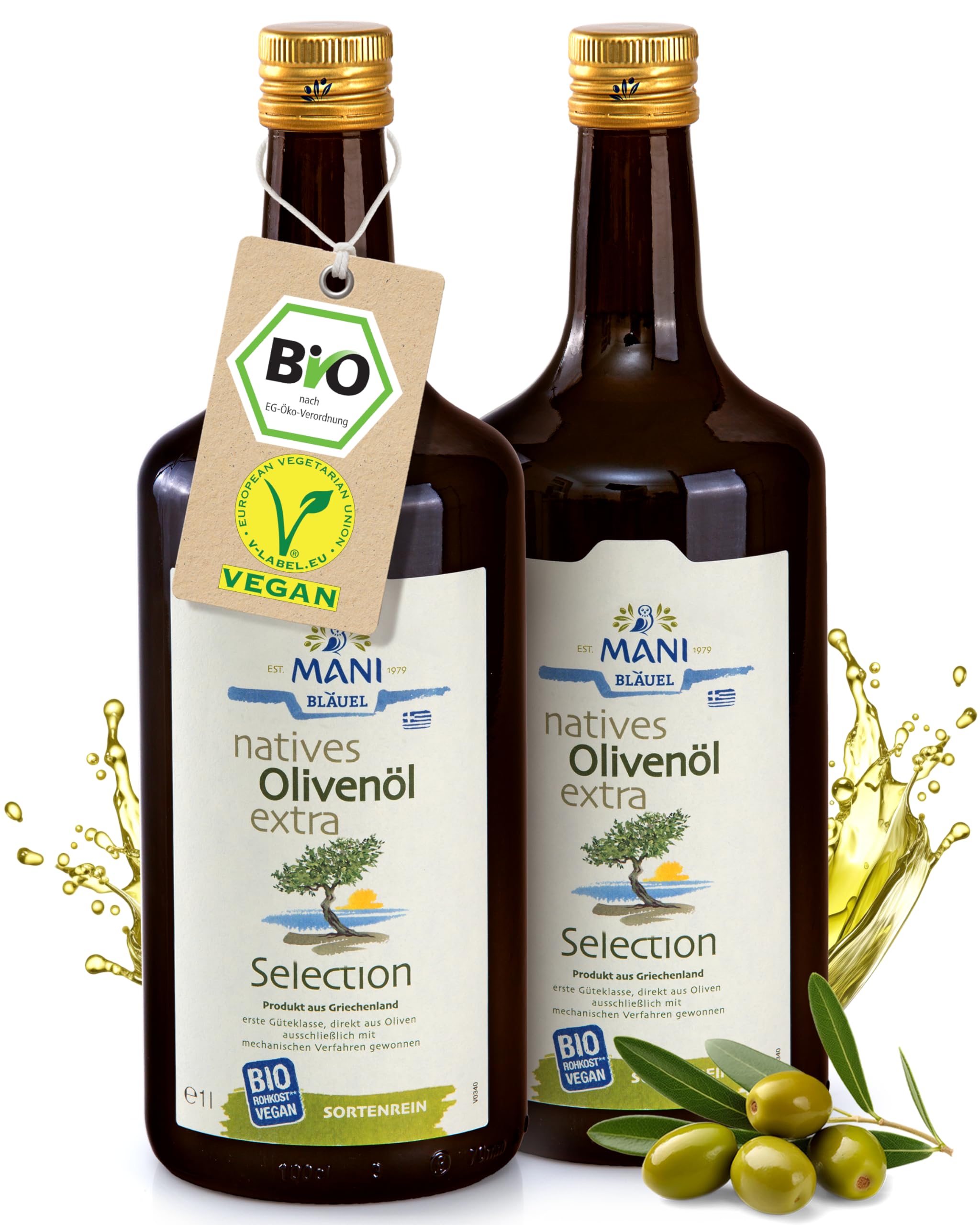 MANI Bio Olivenöl Nativ Extra 2 x 1L – Premium Griechisches Olivenöl kaltextrahiert aus Koroneiki Oliven, naturbelassen – Extra Virgin Olive Oil aus Griechenland mild-fruchtig – vegan & nachhaltig