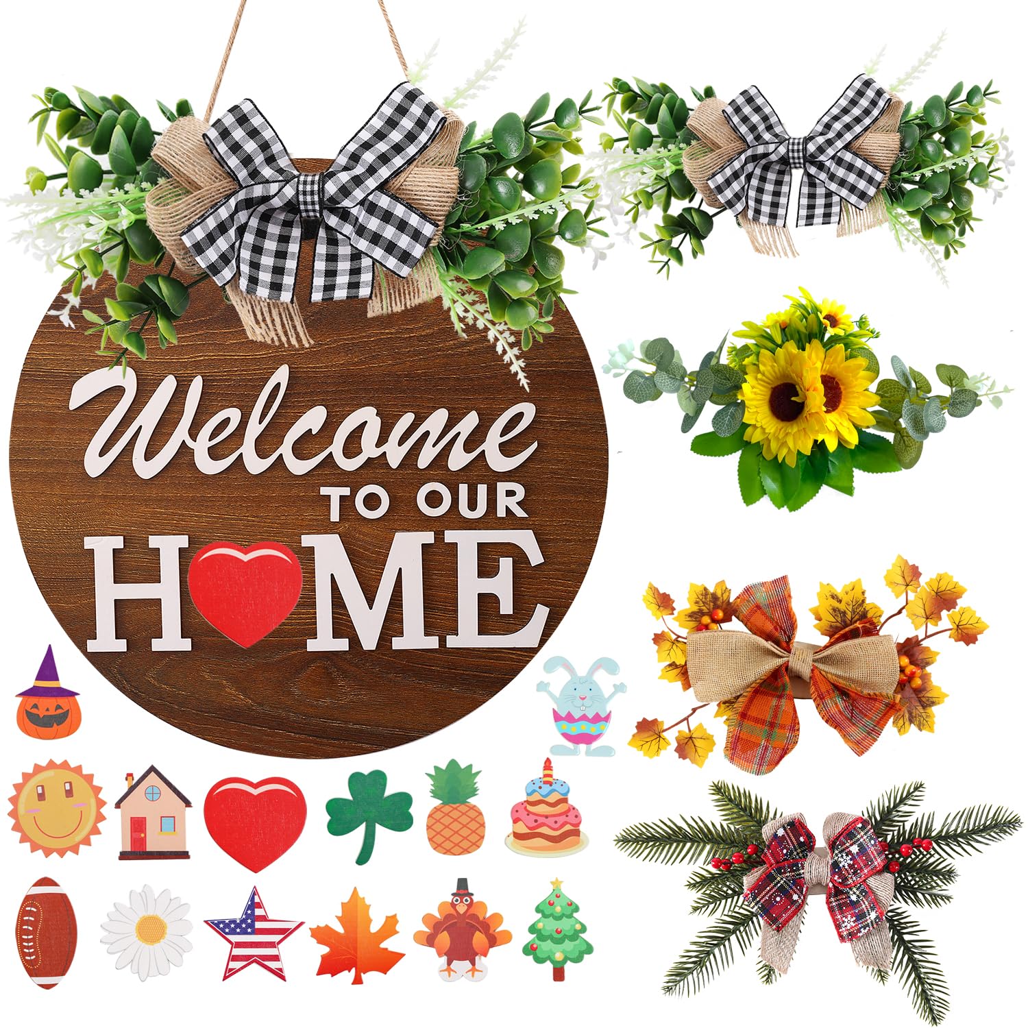 Interchangeable Welcome Sign for Front Door with 4 Seasonal Wreaths and 14 Changeable Icons, Farmhouse Front Door Signs, Door Decoration Porch Decor, Seasonal Wooden Home Sign home décor (6wood)