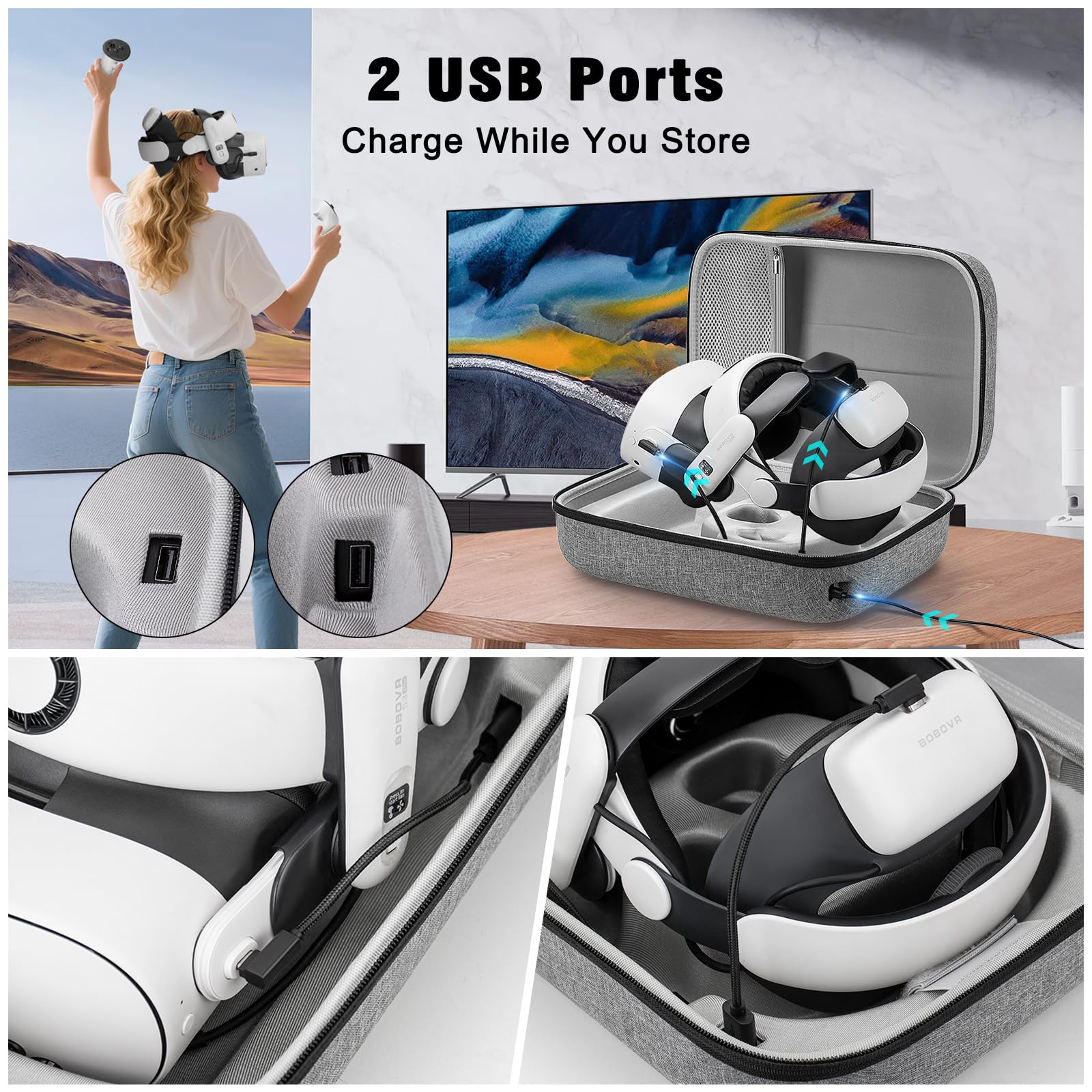 Jubor Borsa per Meta Quest 3S/3/2/Pico 4, Custodia da Viaggio Compatibile con Kiwi Design/BOBOVR Battery Elite Strap e Altri Accessori, Custodia da Trasporto con Porta di Ricarica