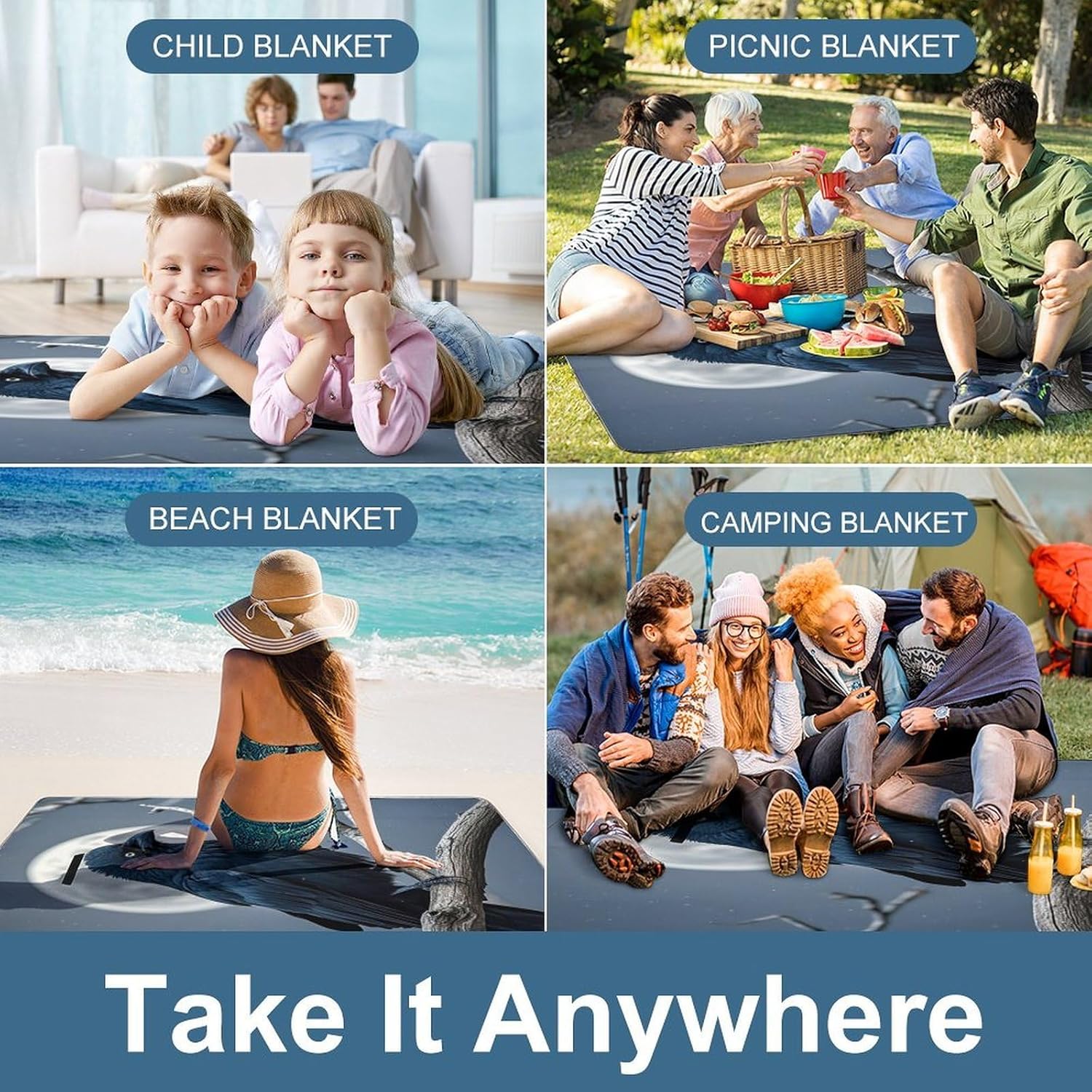 Night Crow Beach Blanket Thickened Foldable Camping Mats Soft Lightweight Beach Pad Square Picnic Blankets with Shoulder Strap for Park Grass Patio Hiking