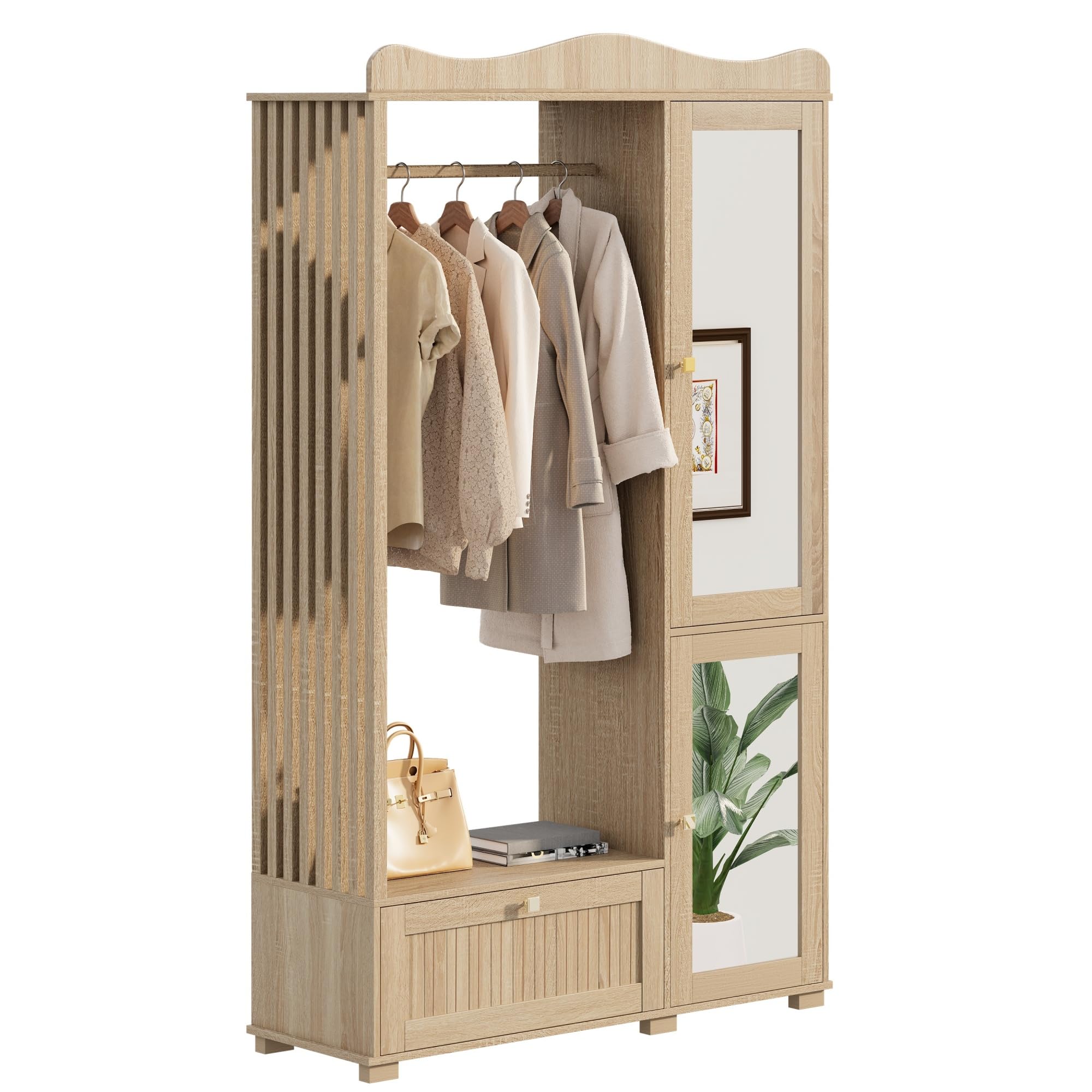 Garderobenschrank mit Spiegel, Garderobe Garderobenset mit Schublade und 2 Türen, Flurgarderobe Flur Möbel, Eichenholzfarbe, 115.5x38.5x194.5 cm