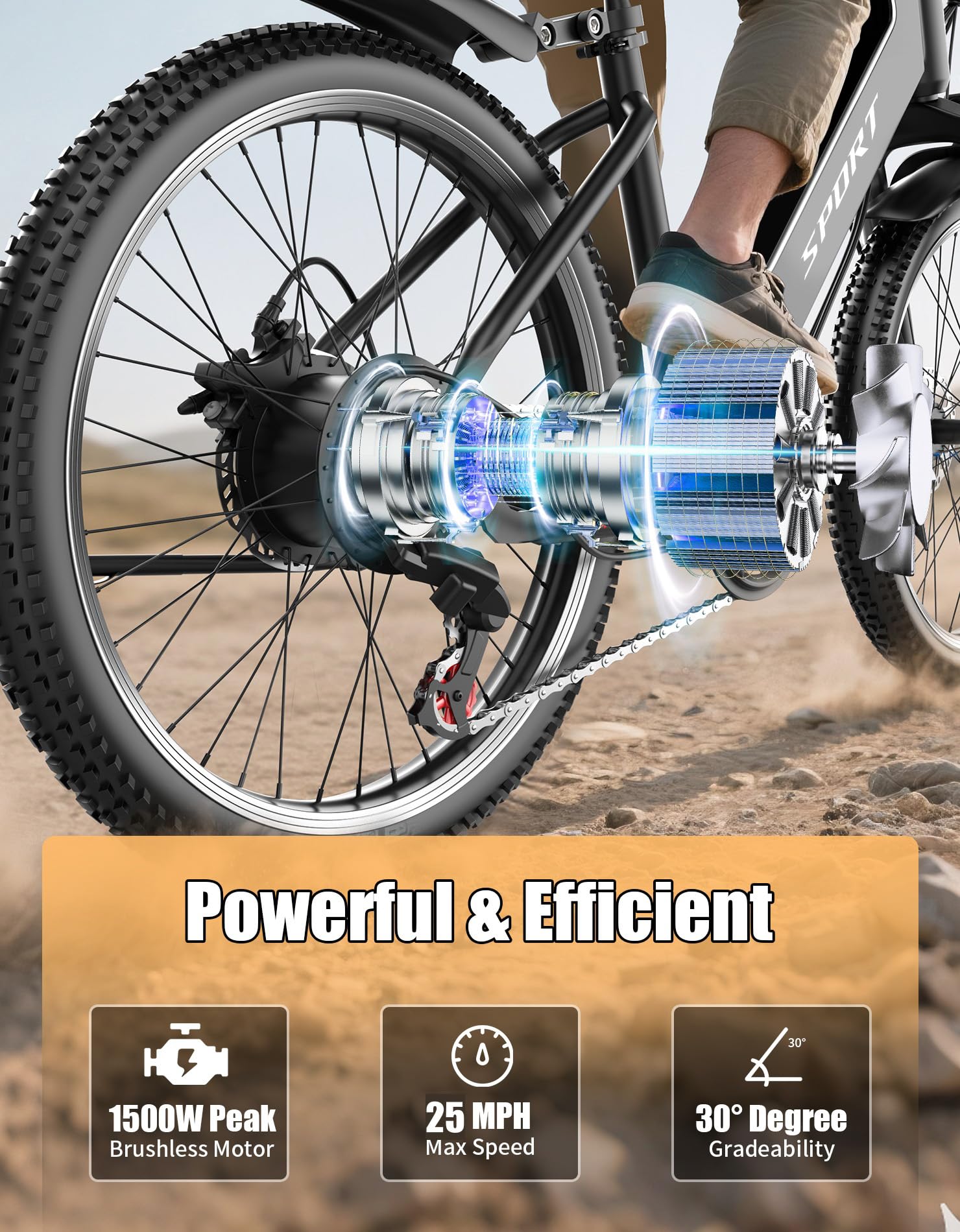 Electric Bike for Adults, 26" Ebike, Peak 1500W Motor, 40KM/H 105 KM Max Range E Bikes for Adults, 480Wh Removable Battery, Adult Electric Bicycles for Commute Mountain, 7-Speed, Front Suspension — view 2