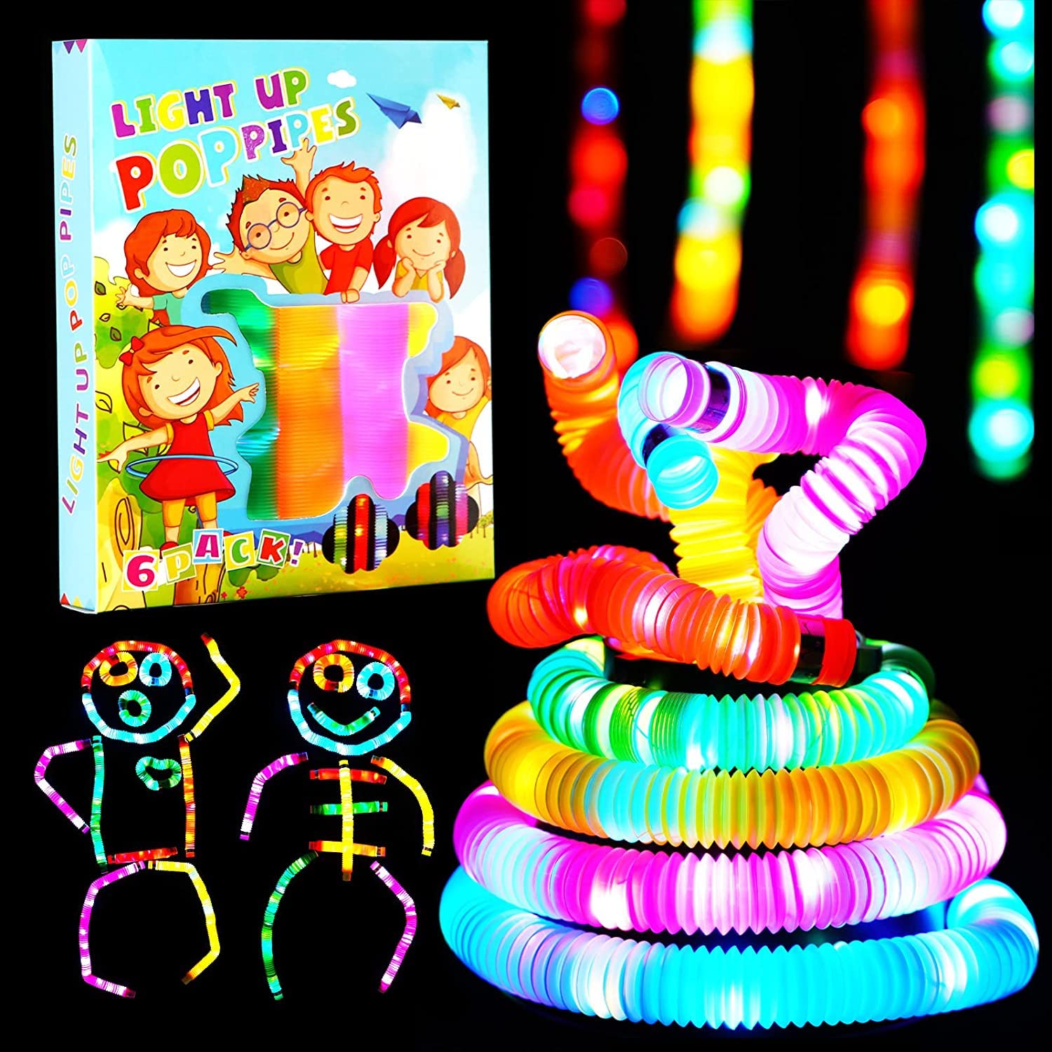 Mumoo Bear6 Pack Light Up Pop Tubes Fidget Toy Sensory Tubes Toddler Toys LED Pop Glow Sticks Glow in The Dark Party Supplies Party Bag Fillers for Kids