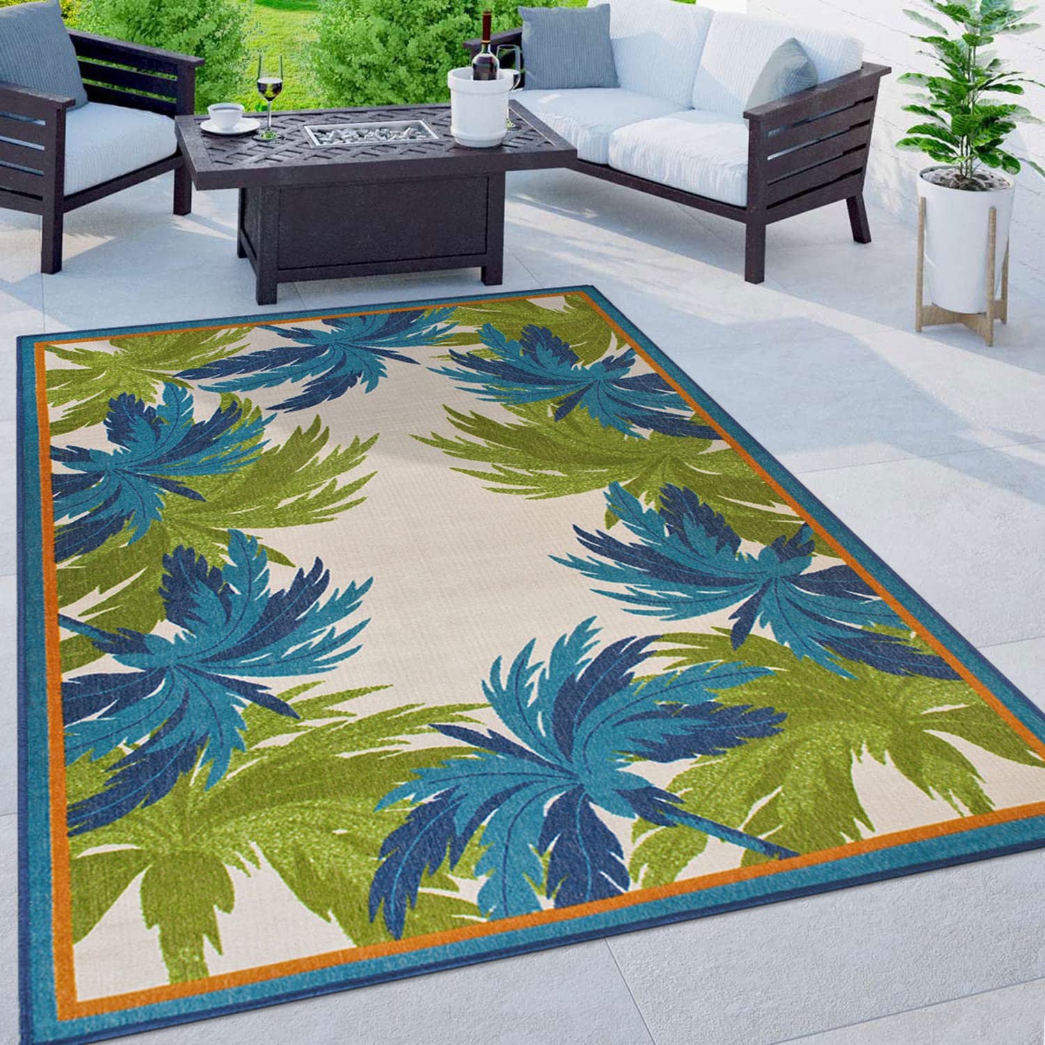 Rugshop Tropical Floral Border Non-Shedding Outdoor Rugs for Deck,Patio,Backyard Indoor/Outdoor Area Rug 5' x 7' Green