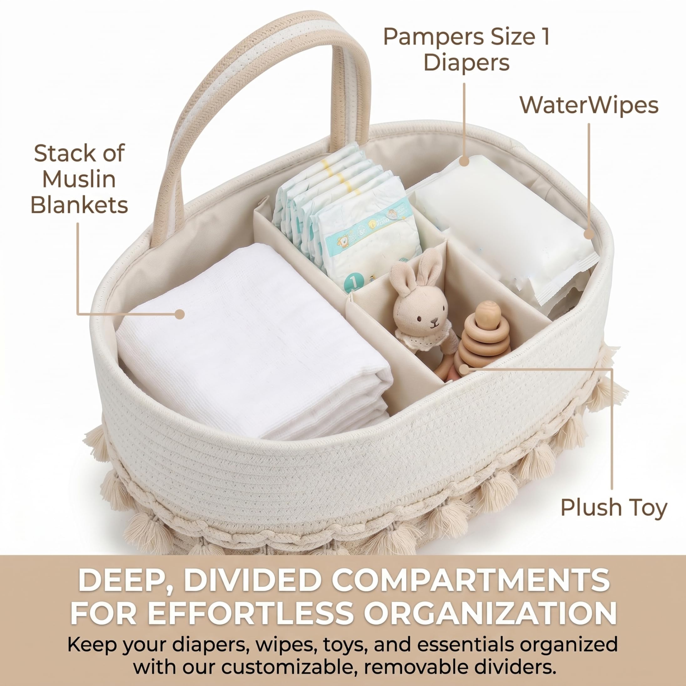 Organisateur de caddie à couches pour bébé avec séparateurs amovibles, panier de chambre d'enfant tissé à la main avec poignées pompons, kaki et blanc, 14, 17 x 8, 66 x 7, 09 pouces, organisateur c